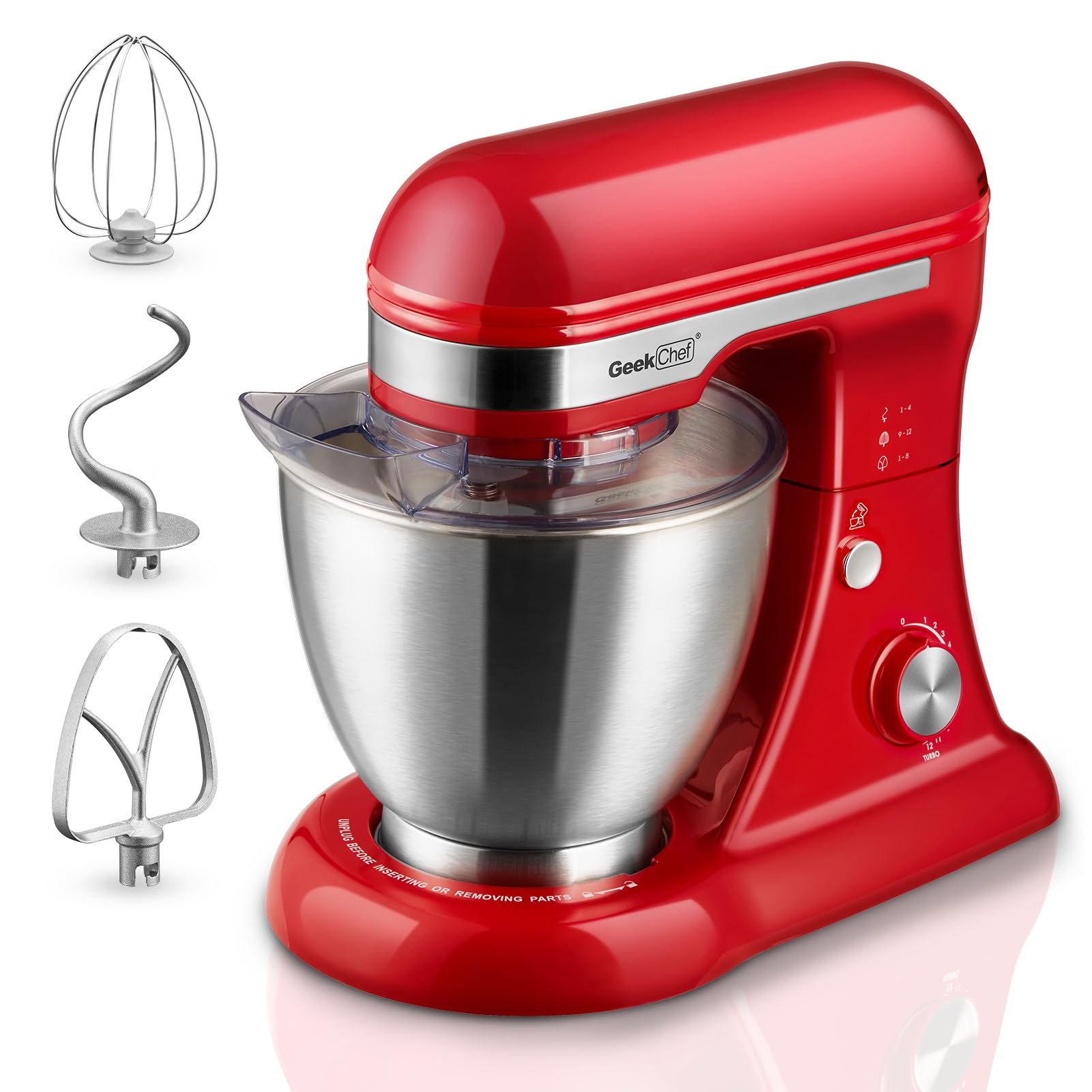 Geek Chef Electric Stand Mixer, 4.8QT 12 Speeds Tilt-head Food Mixer with Dough Hook, Whisk, Beater, Bowl, Rotary Knob for Home 