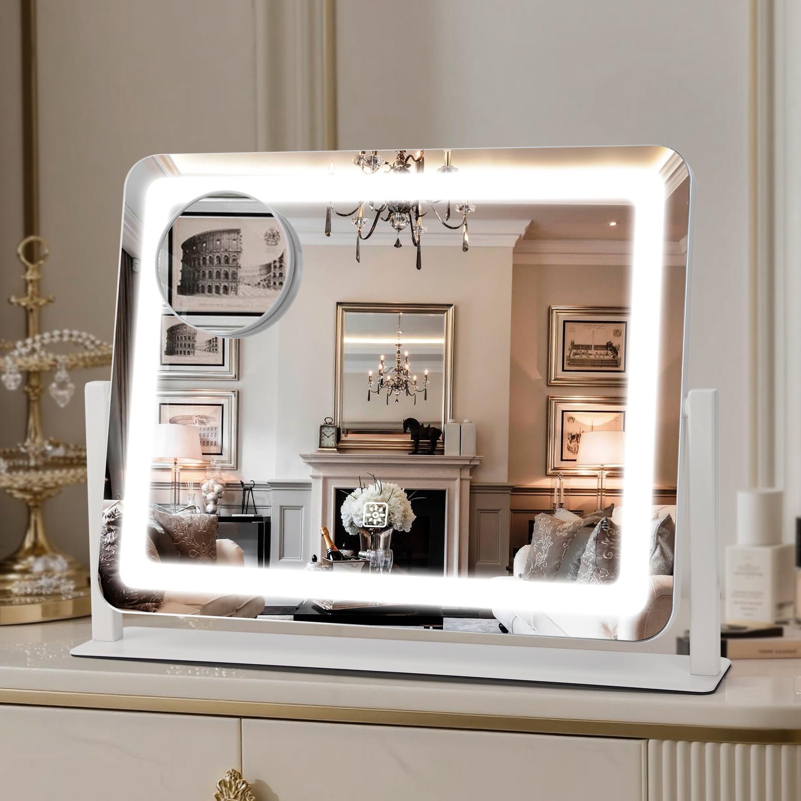 Vanity Mirror with Lights, 16  12.4 LED Makeup Mirror, Rounded Frame, 10X Magnification, Smart Touch with 3-Color Lighting, Dimm