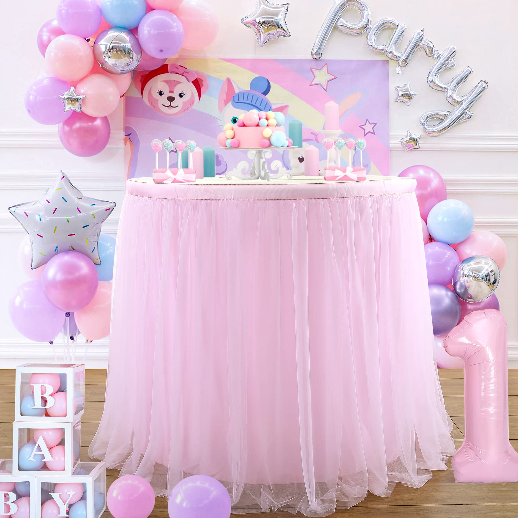 2 Pack 6Ft Pink Tulle Table Skirts For Rectangle Tables Or Round Tables Pink Tutu Tablecloth Cover For Princess Baby Shower Girl