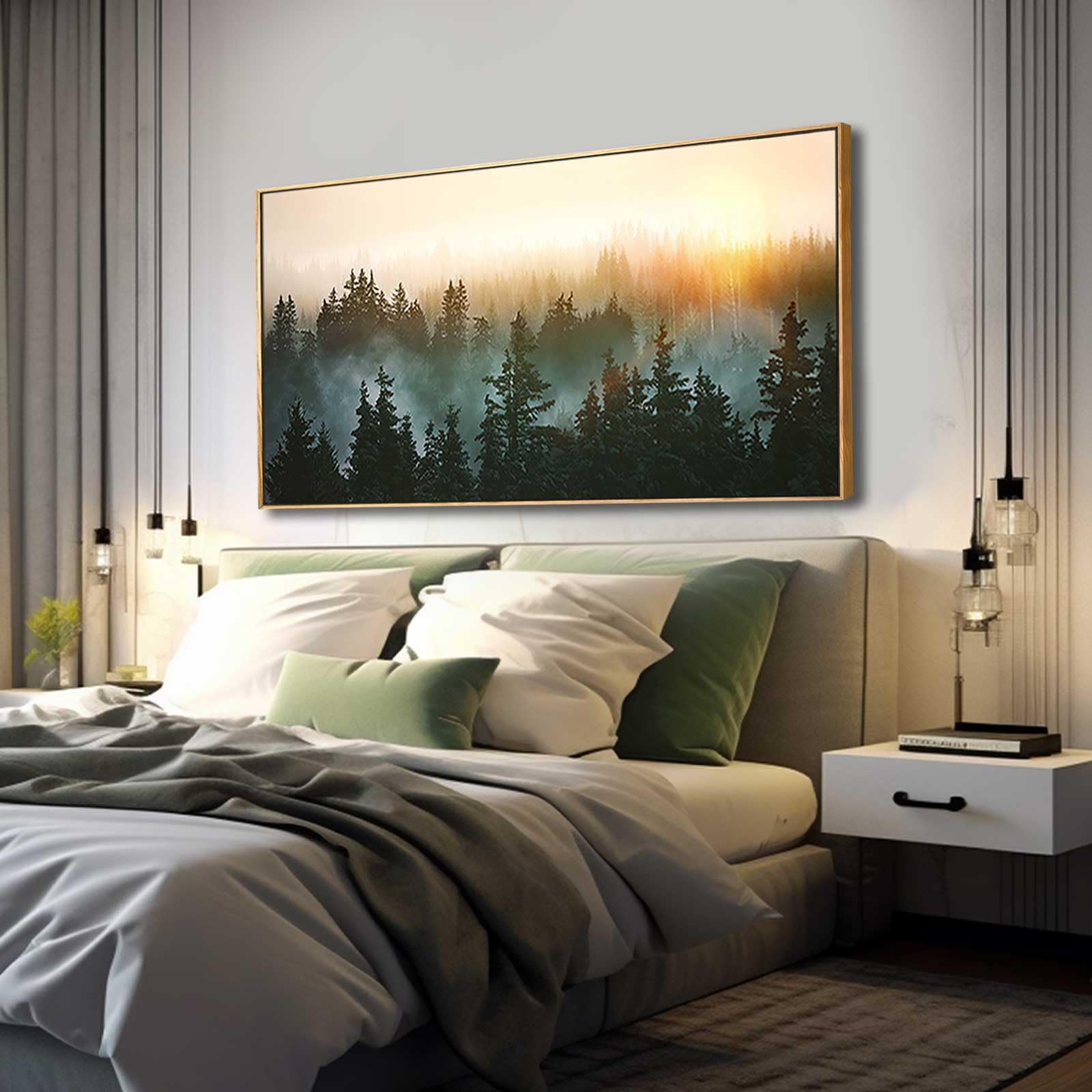 Living Room Wall Art Sunrise Misty Forest 24''X48'' Modern Home Wall Decor Plants Wall Decorations Framed Artwork For Bedroom Di