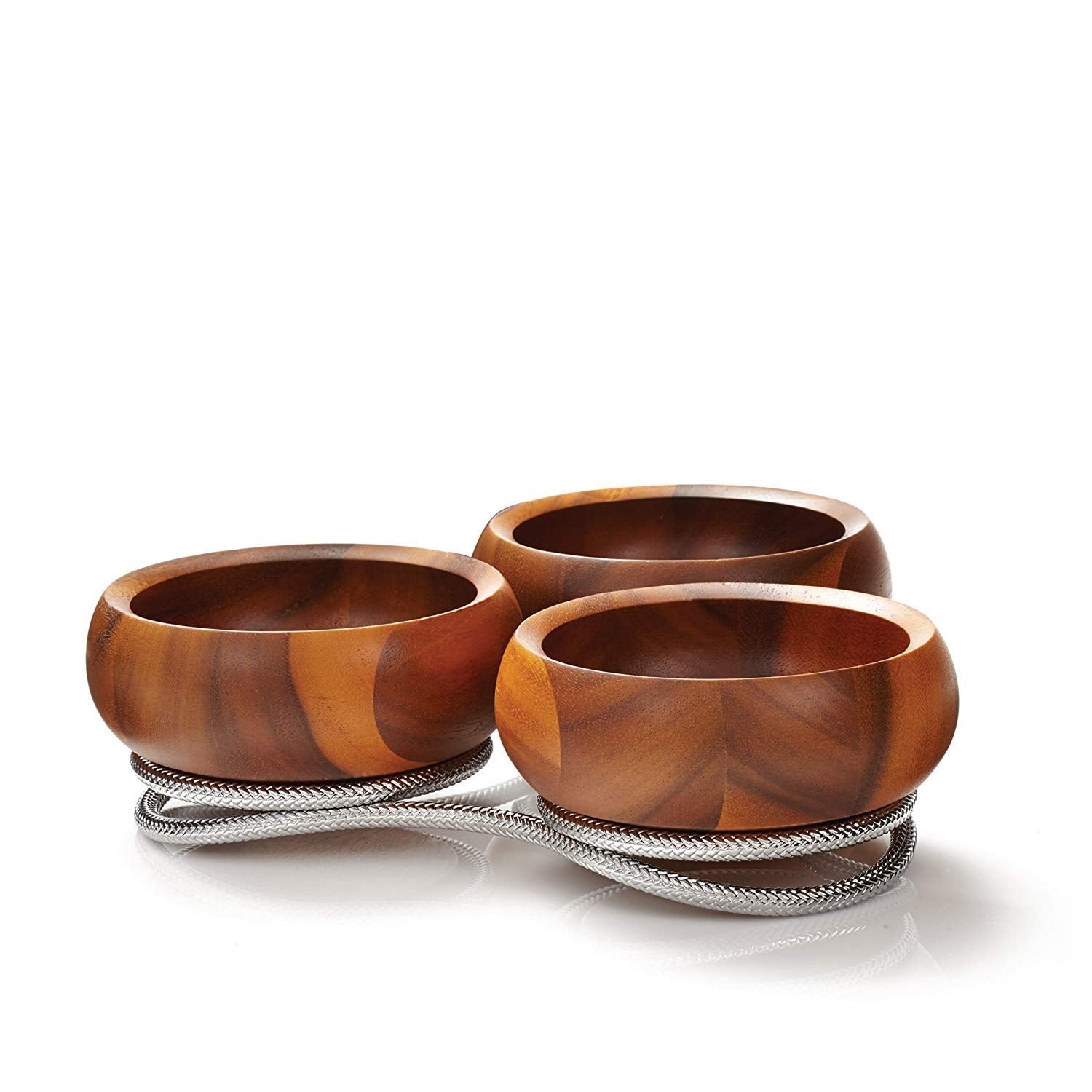 Nambe Braid Condiment Server | Serving Bowl For Side Dishes, Dips, Appetizers | Chrome Base | Acacia Wood Dip Bowls | 3 Piece Se