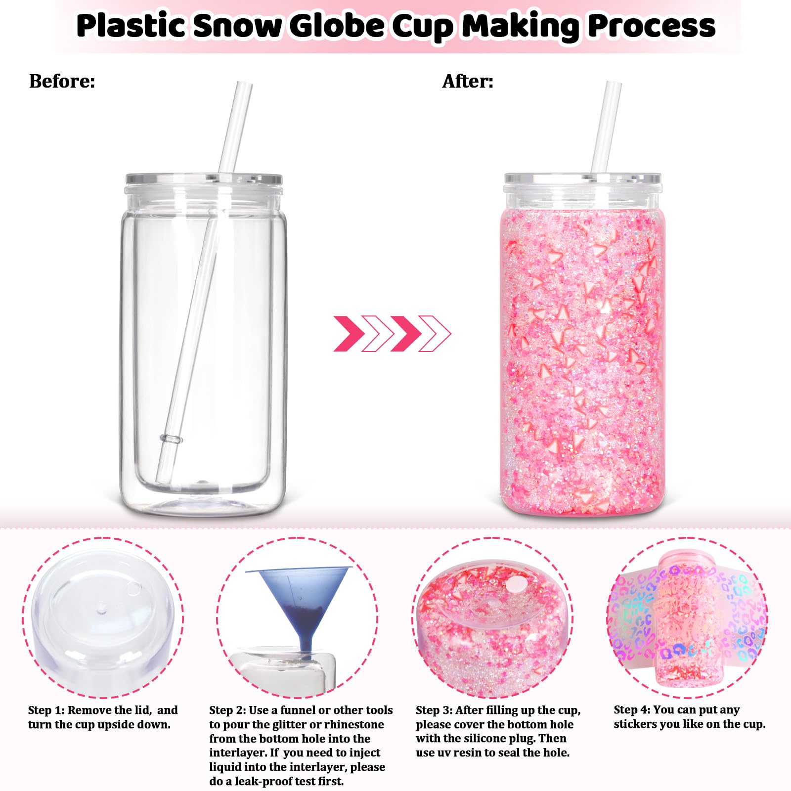 Tswofia 12 Pack Snow Globe Tumbler with Pre Drilled Hole, 16 Oz Double Wall Plastic Can with Lid and Straw, Plastic Mason Jar Mu