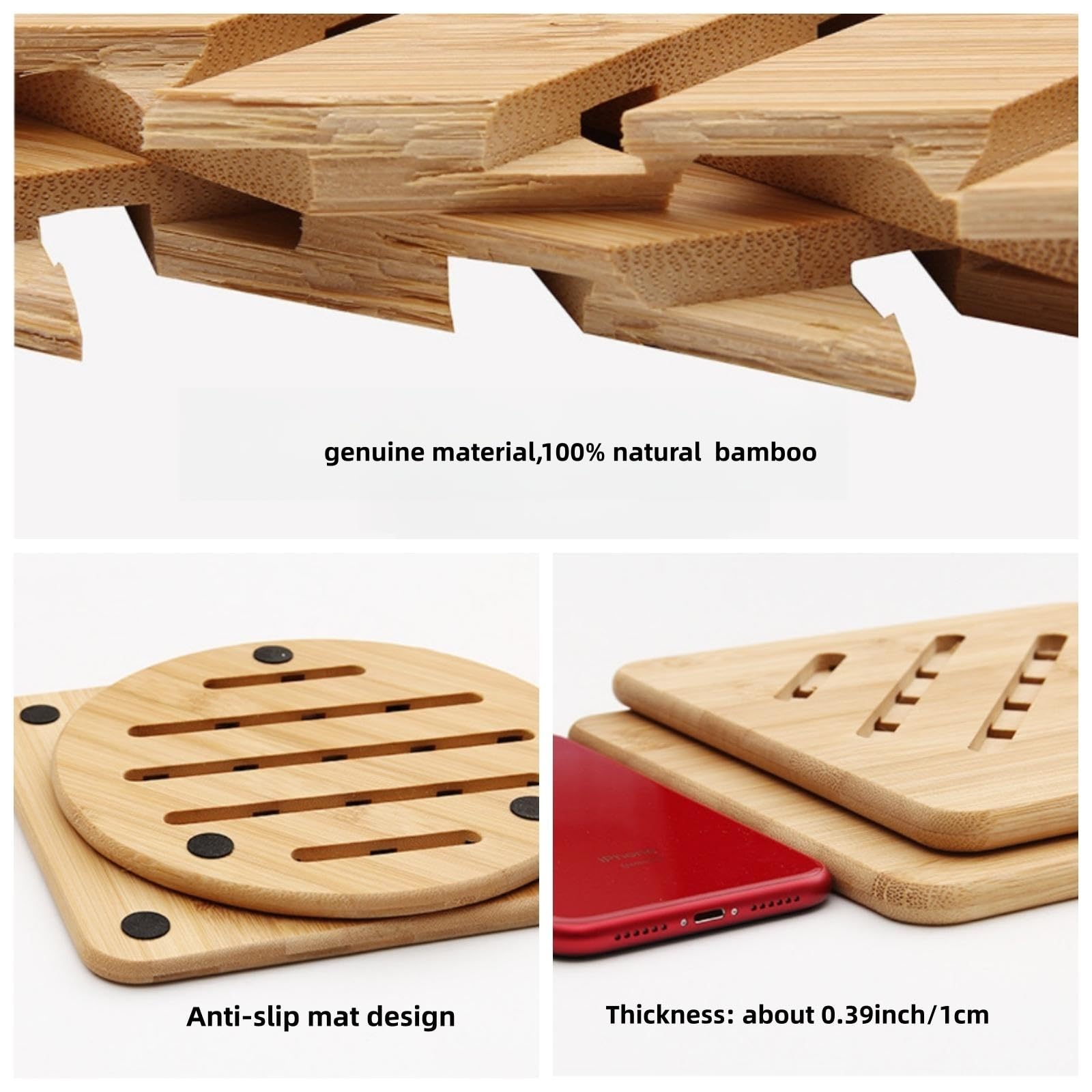 Alfto Bamboo Hot Pads Trivet Set - 4pcs (2 Square, 2 Round), Heat Resistant Non-Slip Pads for Dishes and Pots