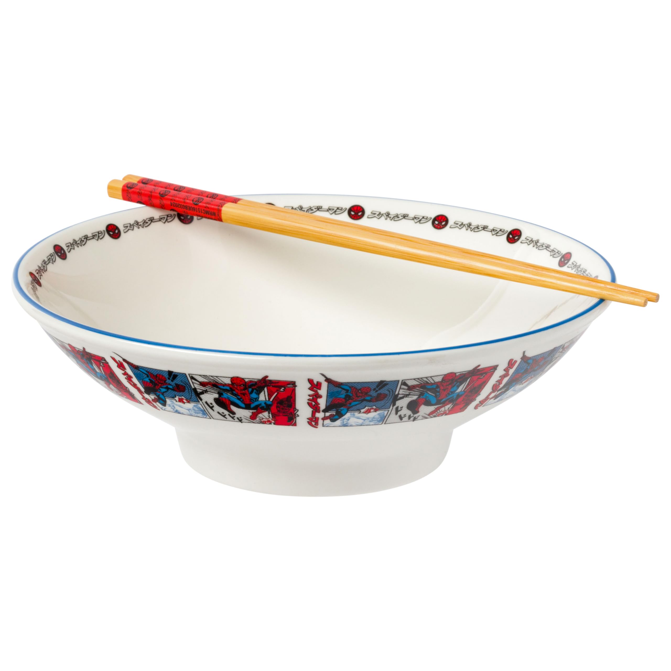 Silver Buffalo Marvel Spider-Man Manga Panels Ceramic Ramen Noodle Rice Bowl With Chopsticks, Microwave Safe, 30 Ounces