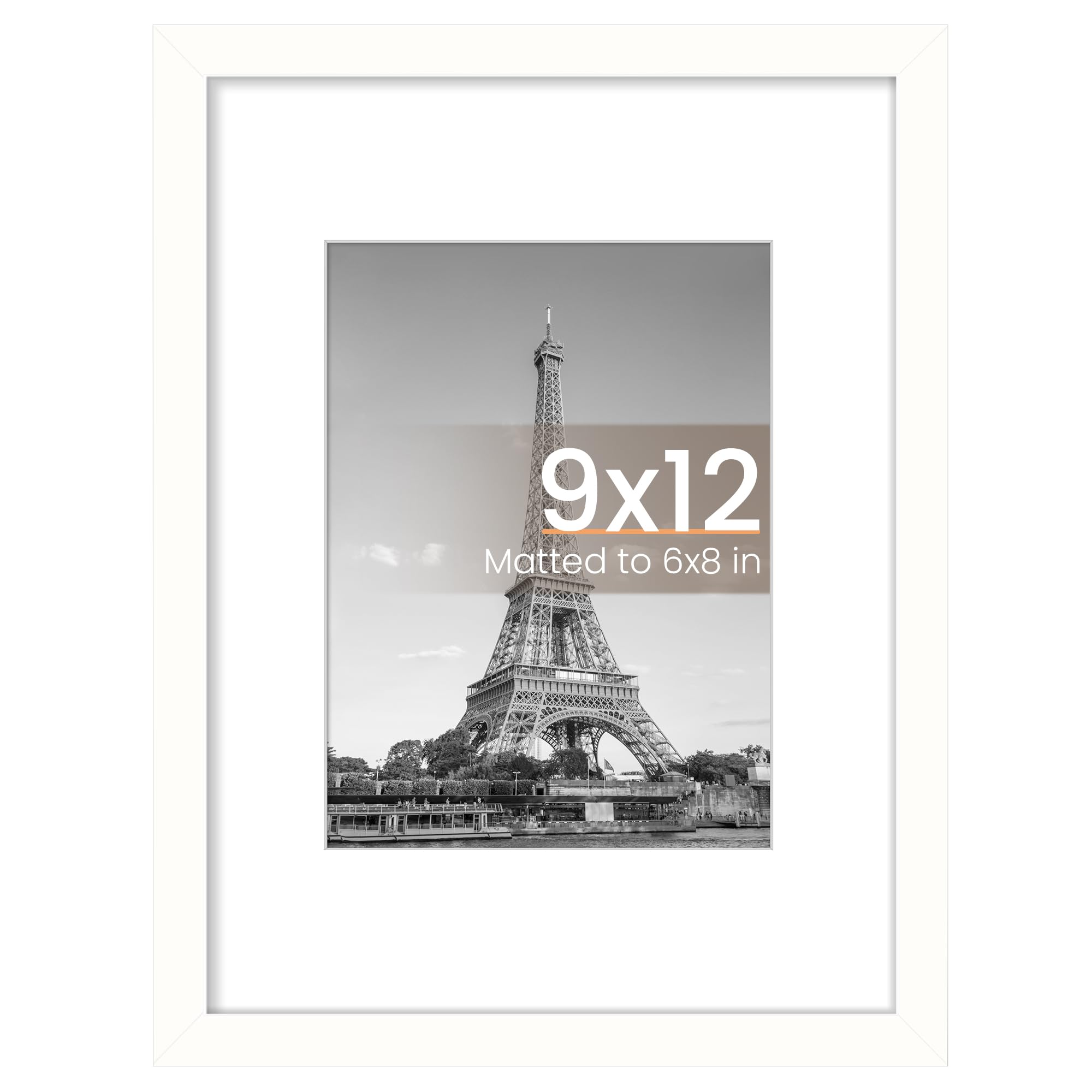 upsimples 9x12 Picture Frame, Display Pictures 6x8 with Mat or 9x12 Without Mat, Wall Hanging Photo Frame, White, 1 Pack