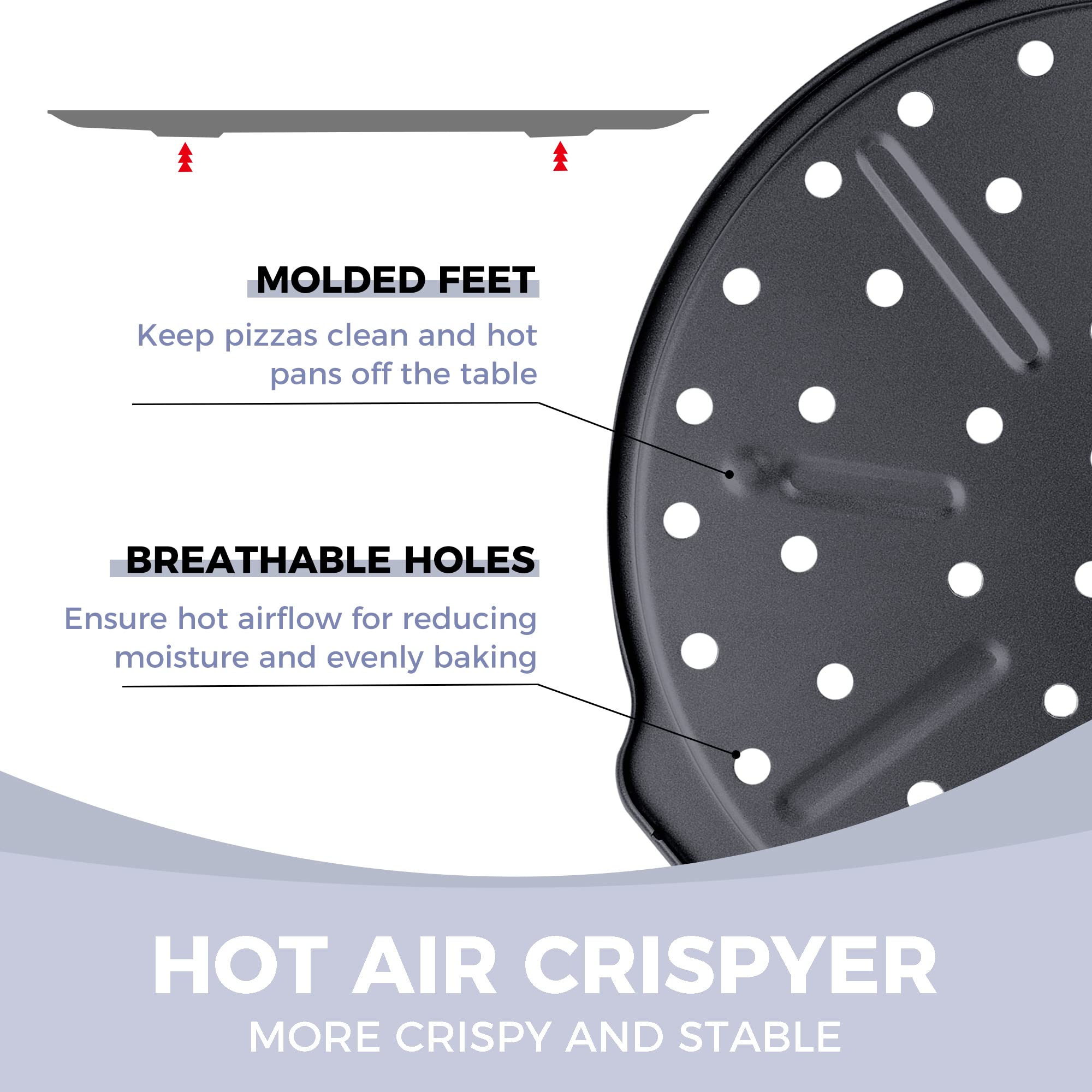 Hongbake 2 Pack Pizza Pan With Holes 12 Inch, Nonstick Pizza Tray For Oven With Widen Handles, Hot Air Pizza Crisper Tin, Round