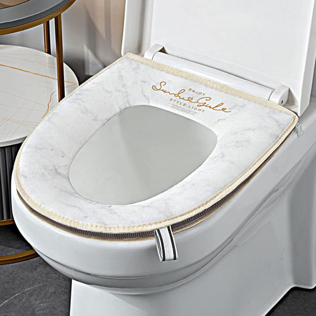 Chzj Duoduo Toilet Seat Cover With Zipper, Washable Standard Toilet Lid Cover With Handle, Soft Thicken Warm Cover Pad Cushion F