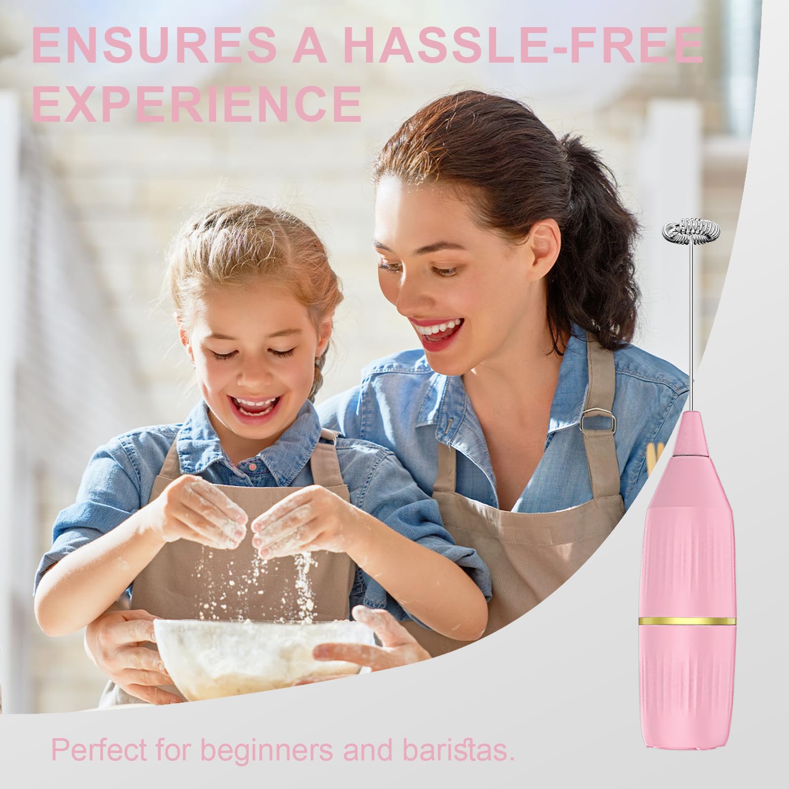 Handheld Milk Frother Wand For Coffee, Matcha, Latte, Cappuccino, Hot Chocolate, Egg, Pink