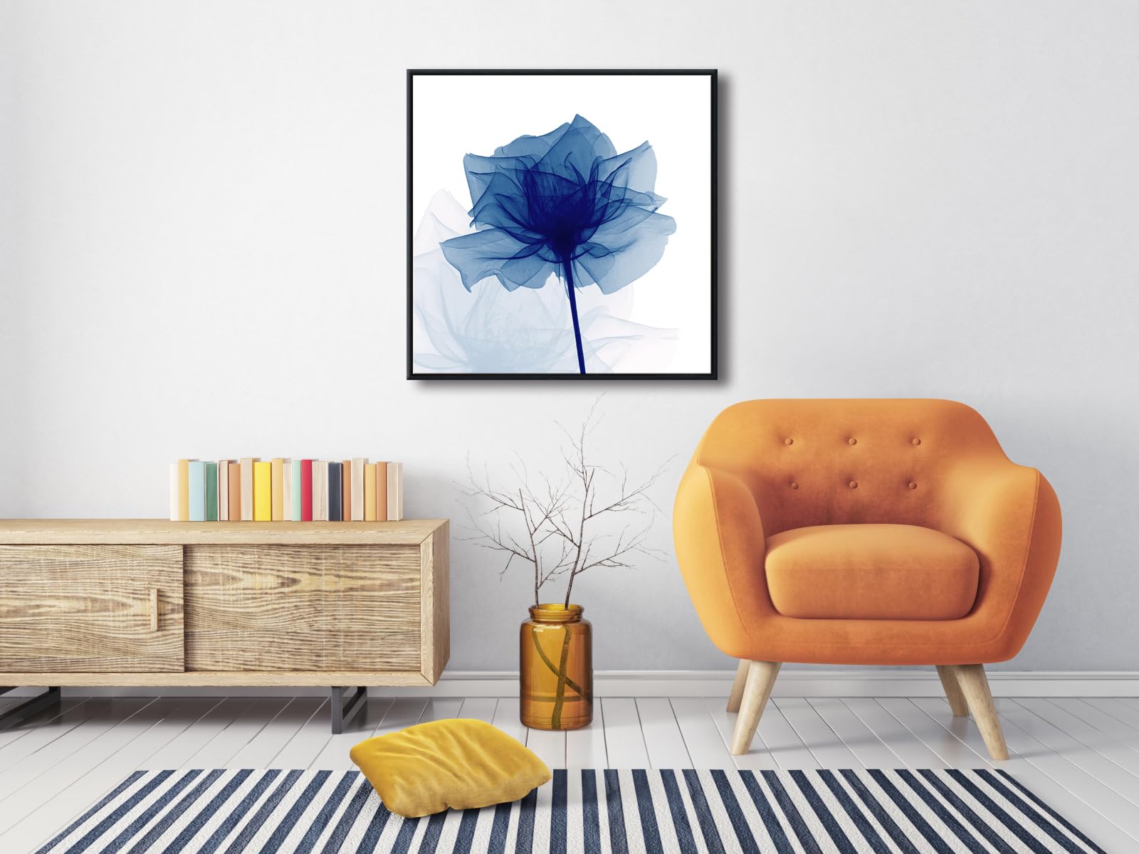 Pyradecor Large Black Framed Blue Flickering Flower Modern Abstract Paintings Canvas Wall Art Grace Floral Pictures On Canvas Pr