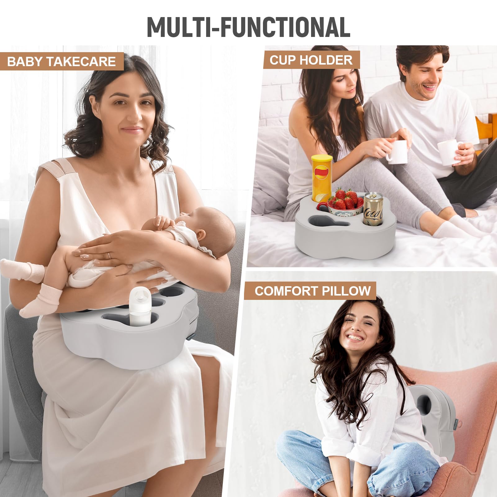 Healstok Couch Cup Holder Pillow, Sofa Organizer Caddy Bed Refreshment Tray For Drinks, Remotes, Phones, Snacks (Pugrey)
