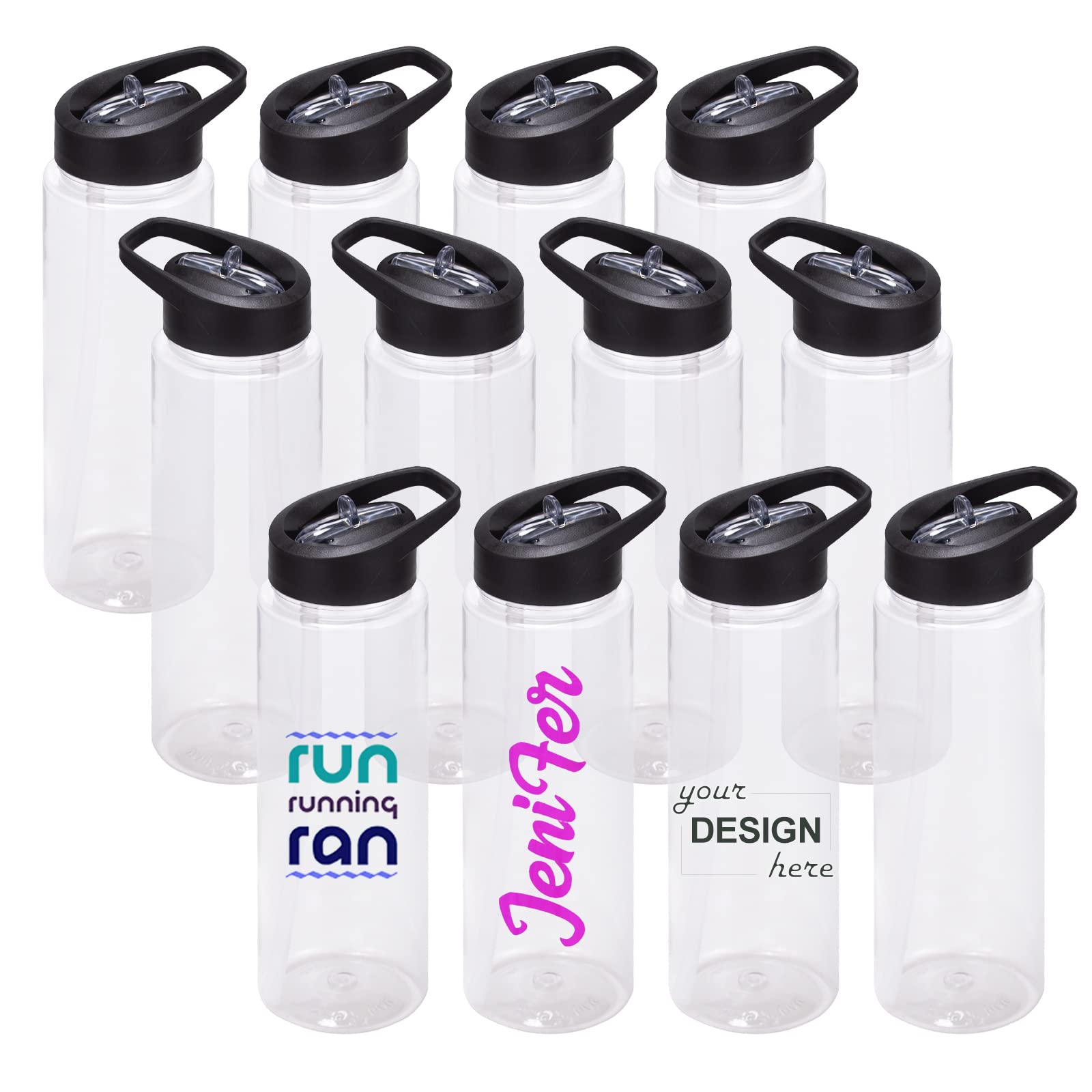 24 oz Clear Water Bottles with Straw, 12 Pack Bulk Reusable Sports Water Bottle with Handle, Wide Mouth & Portable for Travel Gy