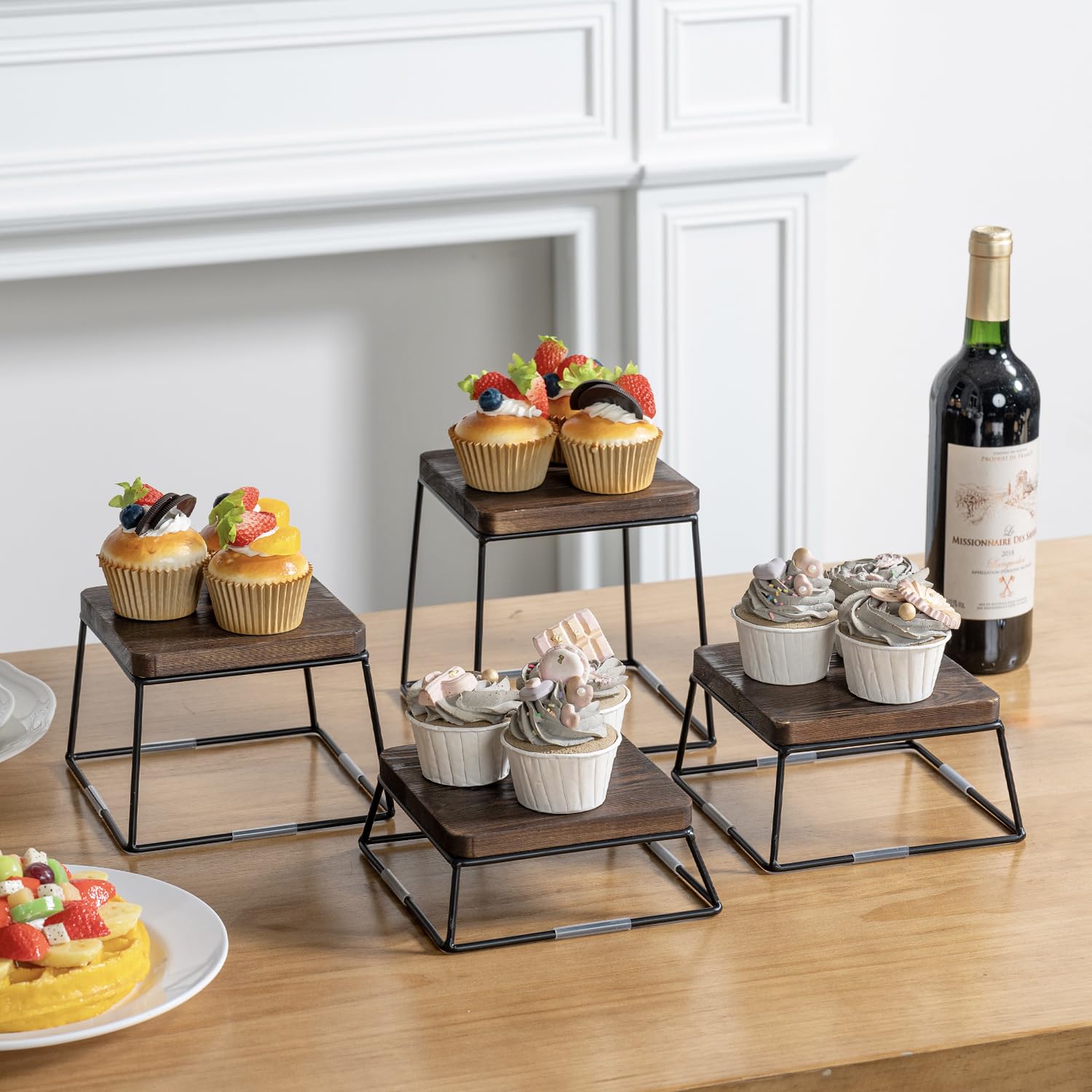 MyGift Burnt Wood & Black Metal Wire Square Retail Food Display Risers/Pizza Stands  Set of 4