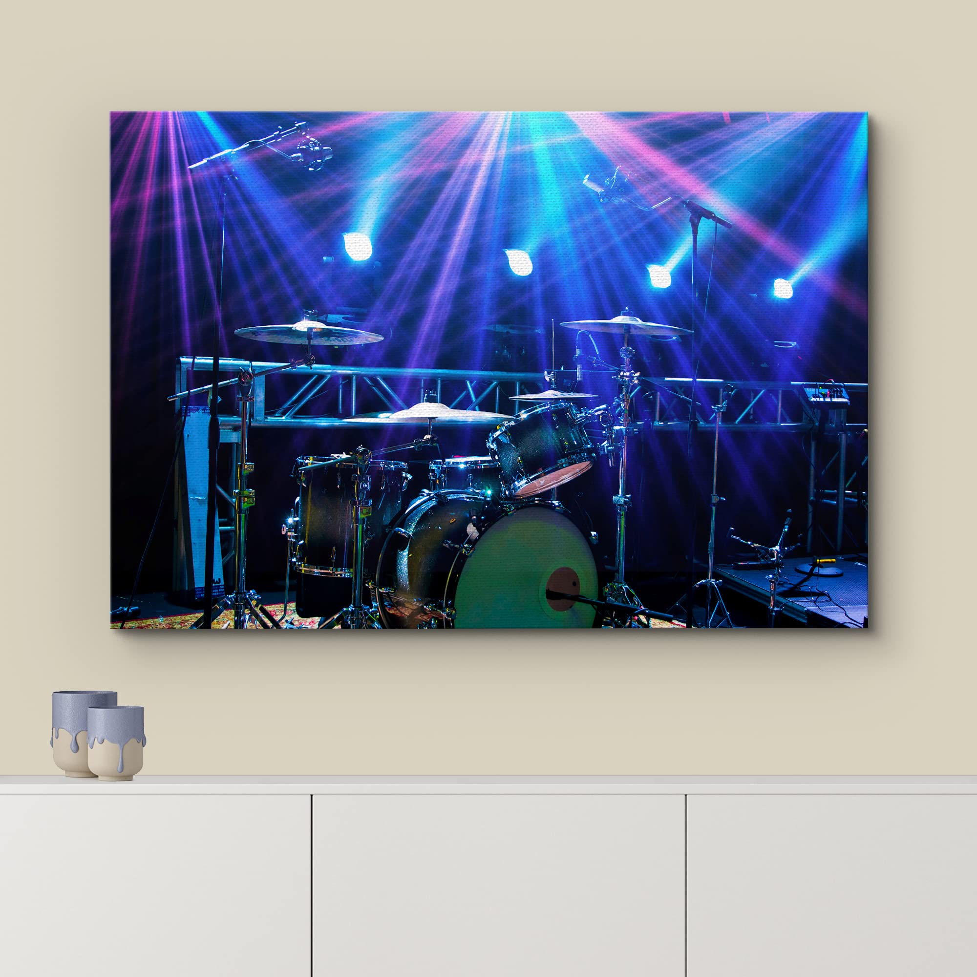 Wall26 Canvas Print Wall Art Vibrant Neon Lights Drum Set Cymbals Music Instruments Photography Realism Decorative Concert Multi