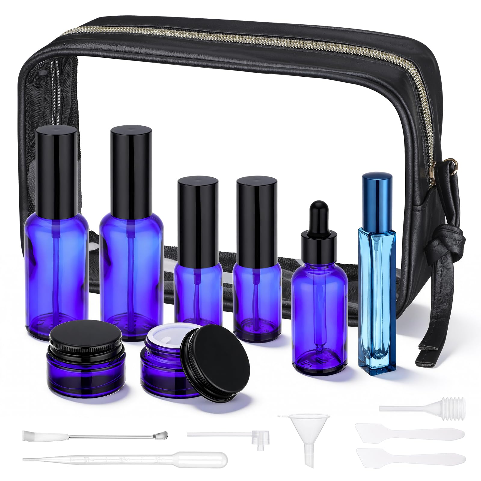 Segbeauty 8pcs Blue Travel Essentials Toilet Bottles Skincare Containers Set with Bag, Refillable Travel Size Containers Pump Bo
