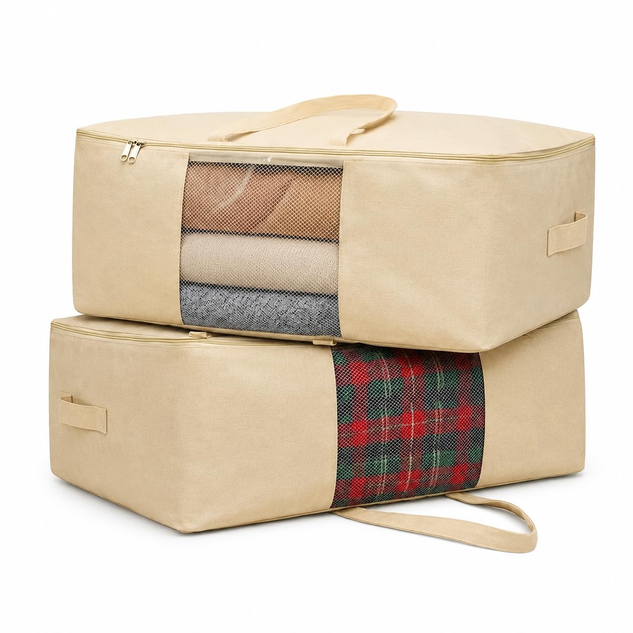 Gowloz Extra Large Blanket Storage Bags Pack Of 2  Cotton Canvas Organizer With Window, Zipper & Handles | Under Bed Storage Fo