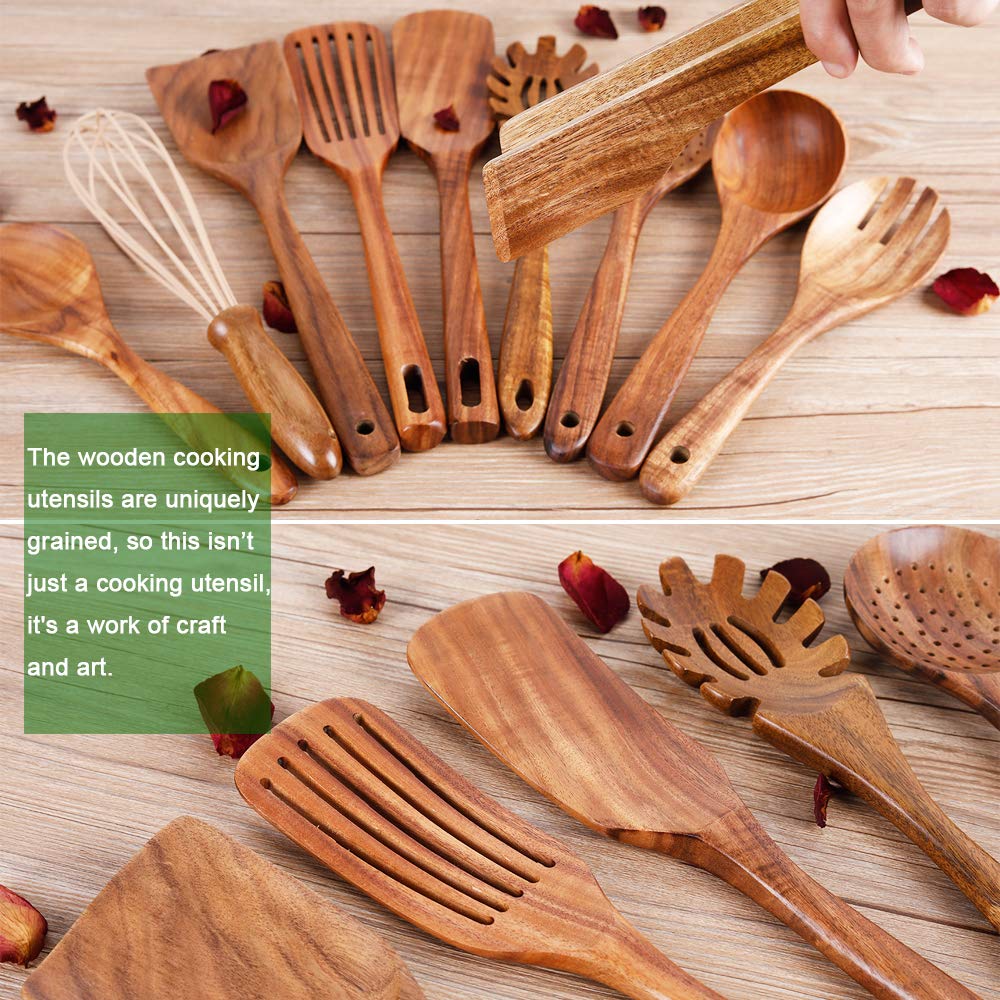 Kitchen Utenails Set With Holder,Kitchen Wooden Utensils For Cooking, Wood Utensil Natural Teak Wood Spoons For Cooking,Wooden K