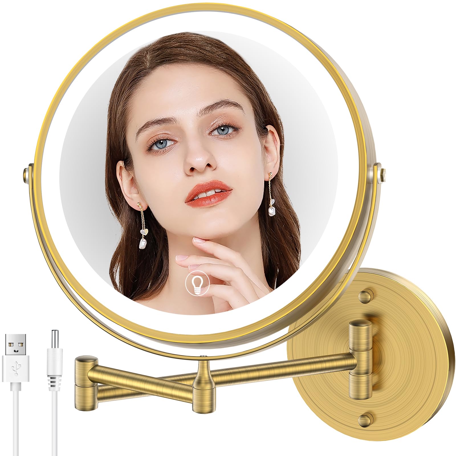 Mnient Wall Mounted Lighted Makeup Mirror,8 Rechargeable Double-Sided Light Up Magnifying Mirror 1X/10X,3 Color Led Vanity Mirro