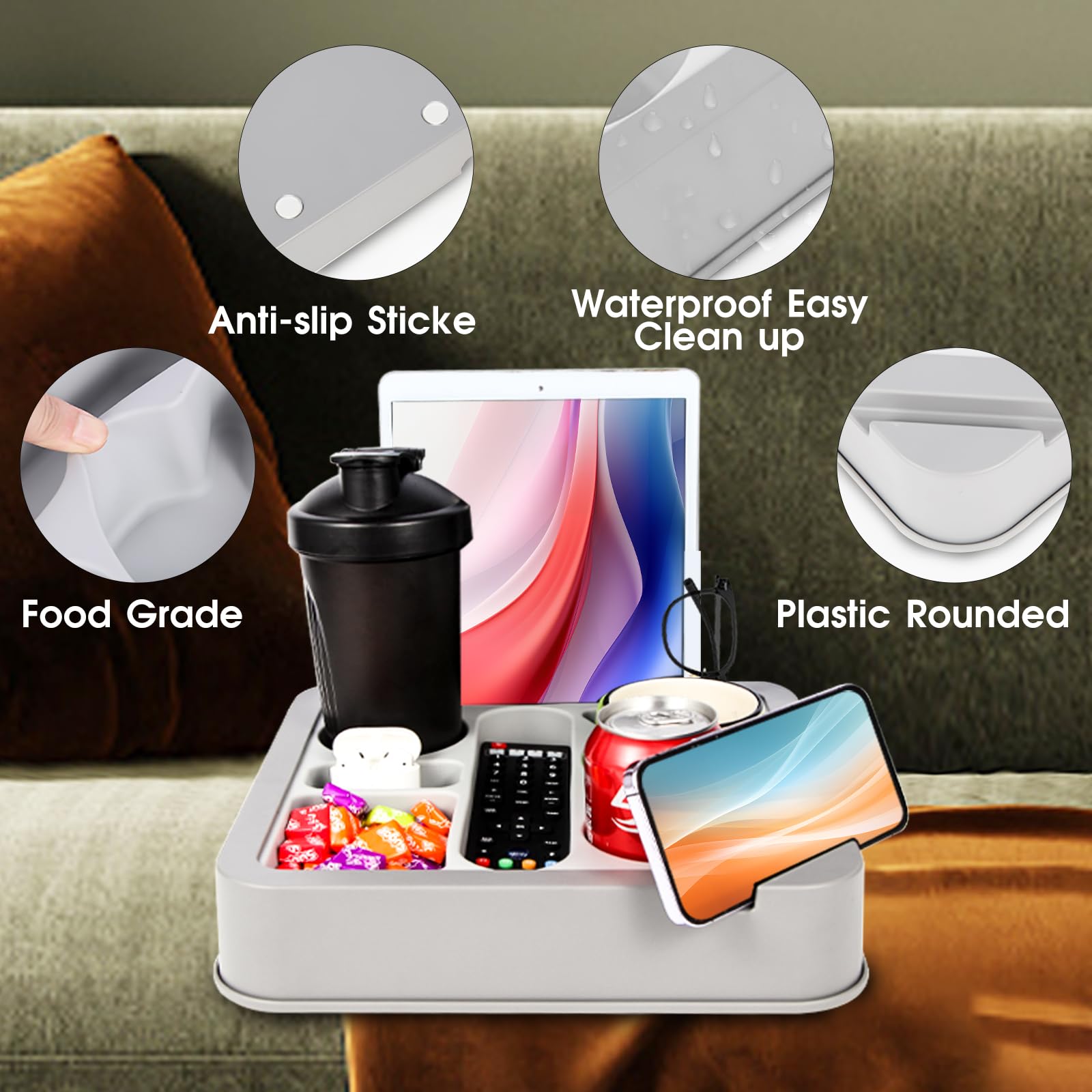 Couch Cup Holder Tray ,Finthech Food-Grade Silicone Couch Caddy For Bed Car Seat, Waterproof Anti-Spill Couch Drink Holder For H