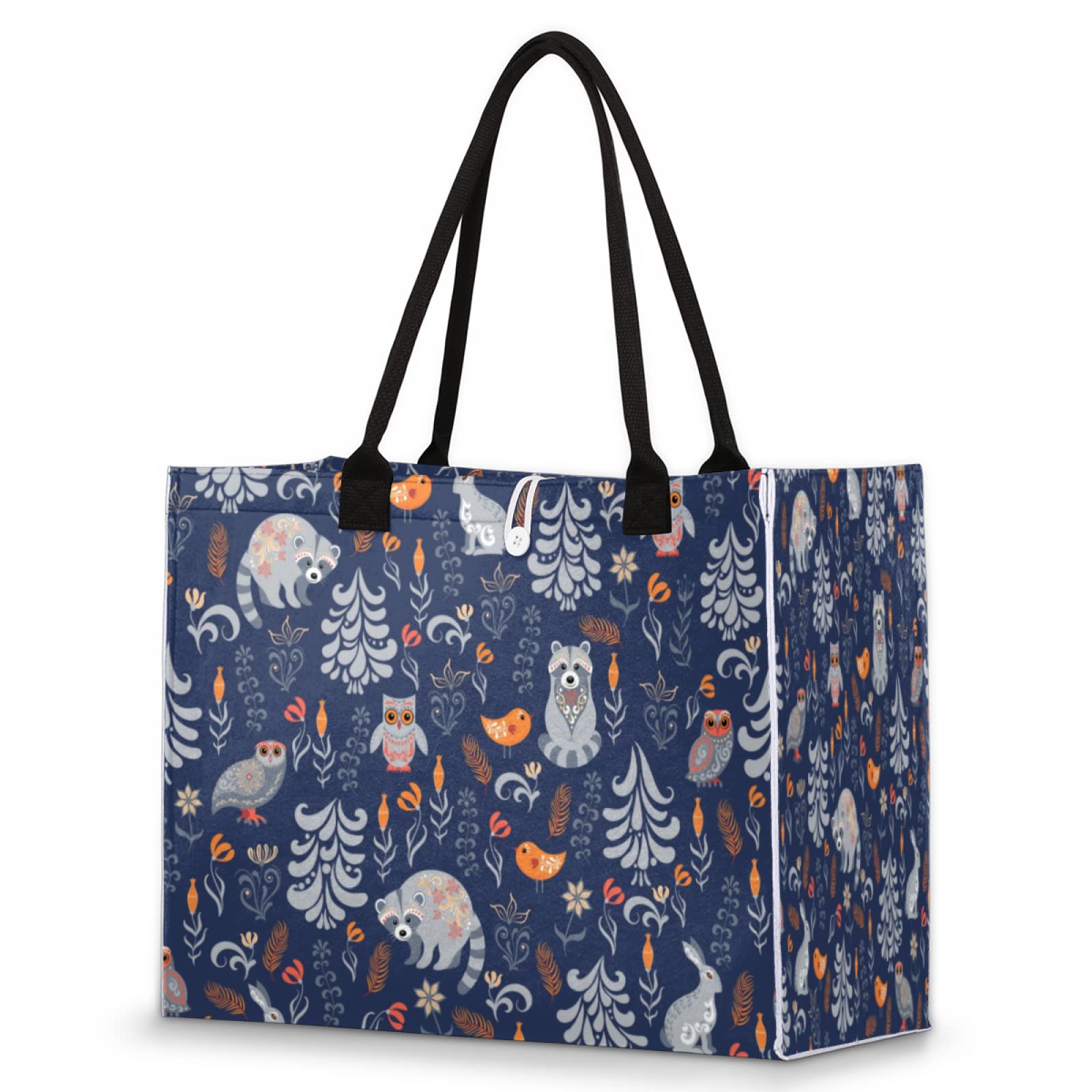 Beach Tote Bag Autumn Forest Animal Bird Raccoon Owl Rabbit Large Travel Bag Utility Tote Bag Women Shoulder Bag Reusable Grocer