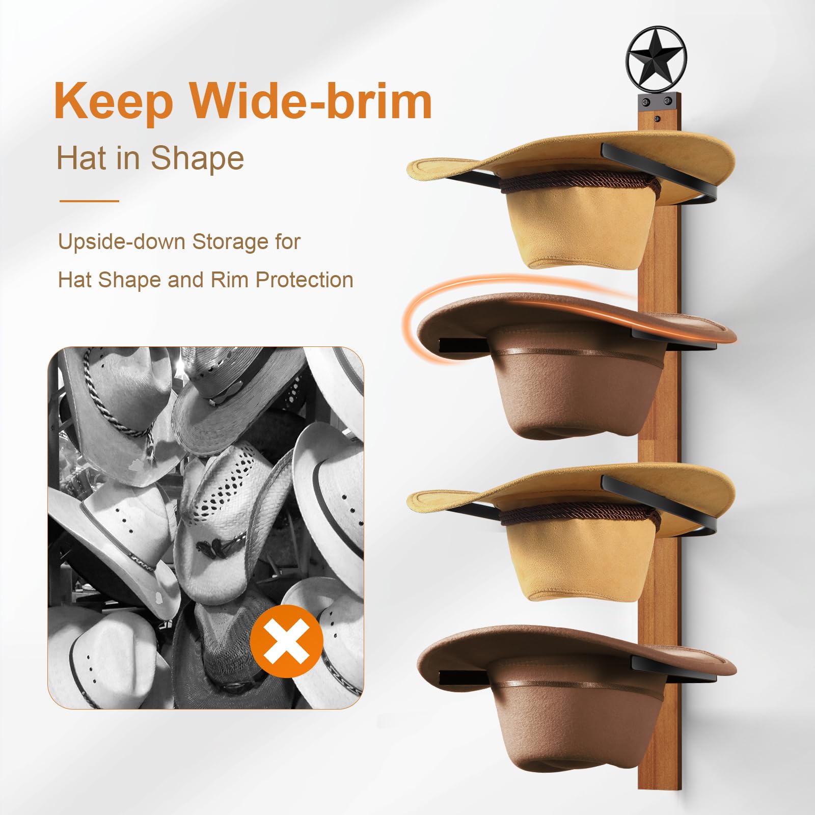 Fluffytree Cowboy Hat Rack, 4-Piece Western Hat Rack For Wall With Natural Wooden Board, Gift Cowboy Hat Holder For Wall D  Cor