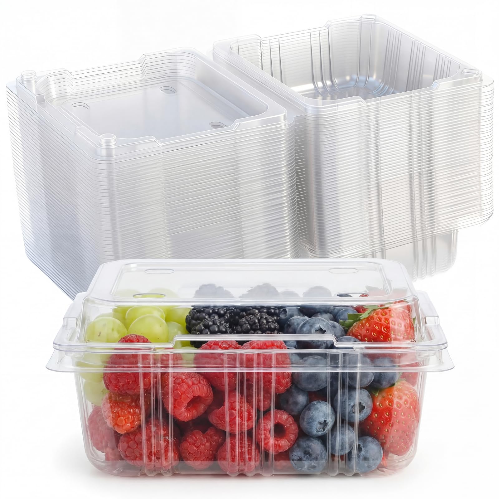 Threehoney 100 Pack Clear Plastic Vented Berry Containers with Clamshell Lids, 1/2 Pint Berry Baskets for Strawberry, Disposable