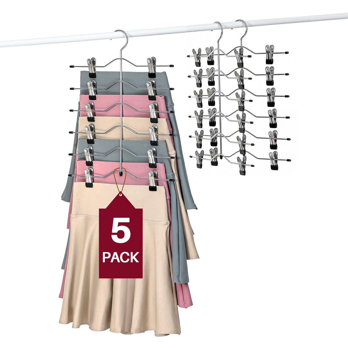 Frezon Multi Layer Pants Hangers, 6 Tier Skirt Hangers With Adjustable Clips, Non Slip Space Saving Closet Organizer Heavy Duty
