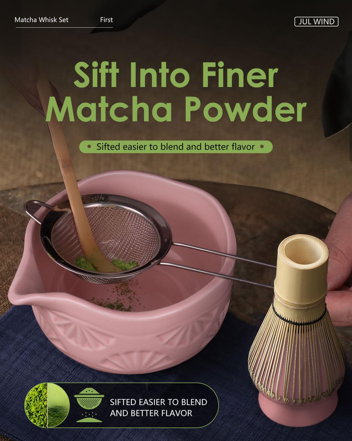 JUL WIND Matcha Whisk Set,Matcha Set,3 Pcs Matcha Kit Includes Whisk Holder,Matcha Bowl(chawan) with Spout,Bamboo Scoop,Gift pin