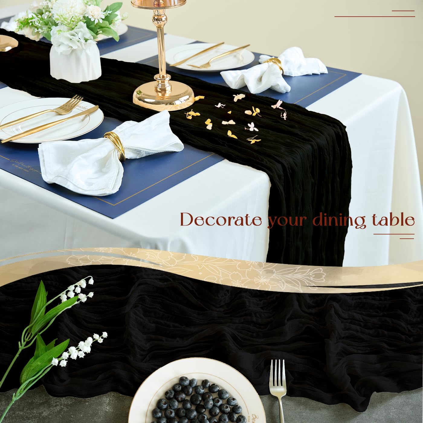 Sioloc 5 Pack Black Halloween Table Runner,10Ft Black Chiffon Table Runner ,Boho Gauze Fall Table Runner For Wedding Bridal Baby