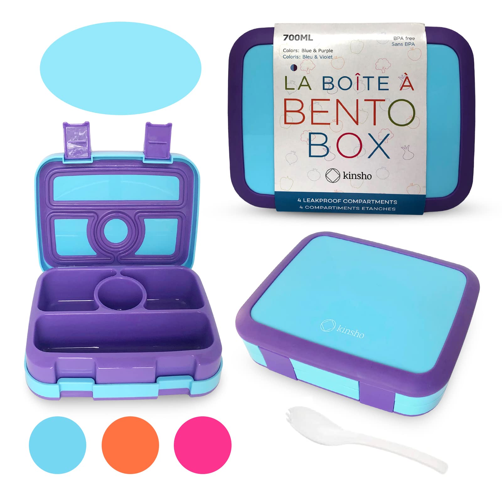 Kinsho Bento Lunch Box For Kids Toddlers, 4 Portion Sections Secure Lid, Microwave Safe Bpa Free Removable Tray, Pre-School Kid