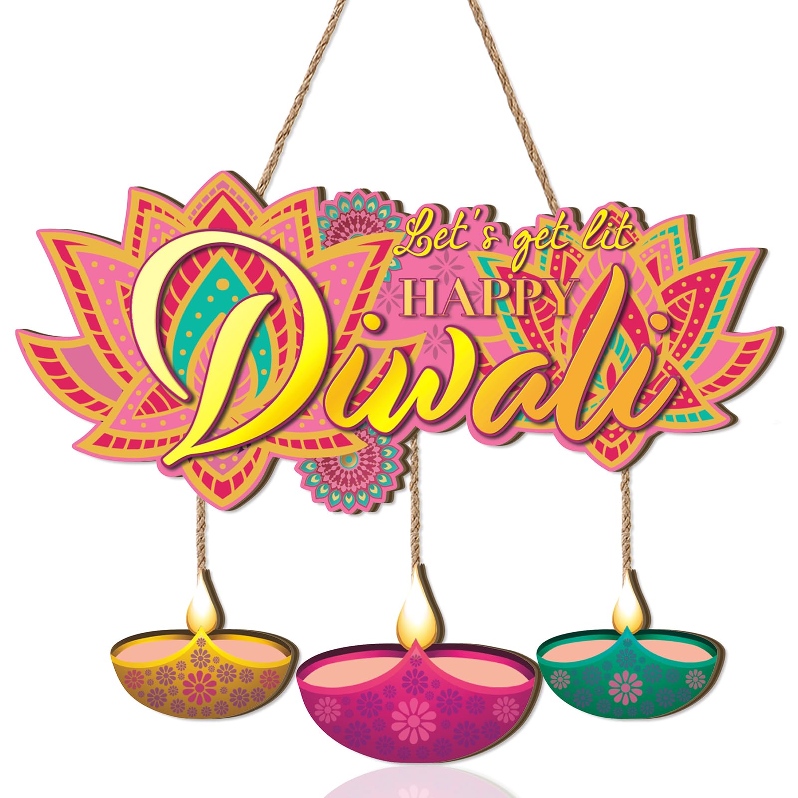Aurlan Happy Diwali Signs,Let s Get LIt Diwali Door Decoration,Indian Festival of Light Party Decor,Diya Lotus Door Hangings,Dew