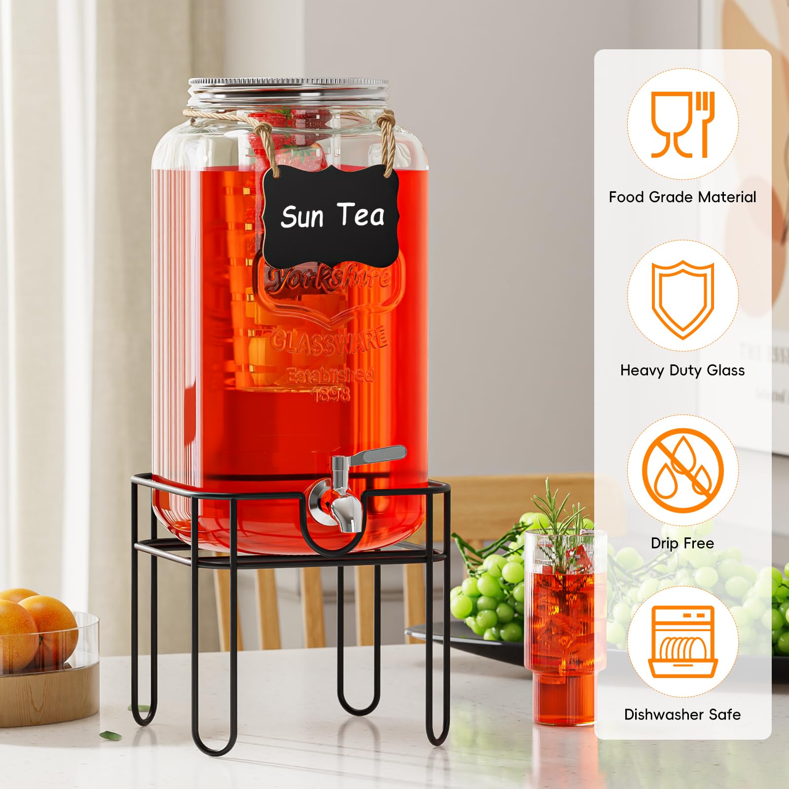 Onedream 2 Gallon Glass Drink Dispenser For Parties, Beverage Dispenserd With Stand, Lemonade Dispenser With Stainless Steel Spi