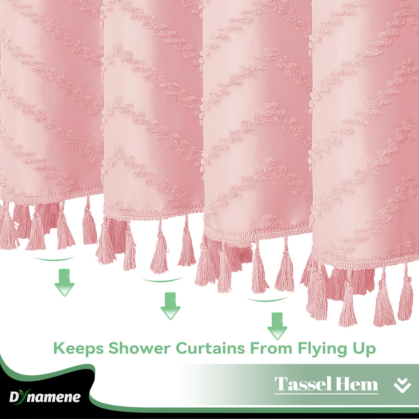 Dynamene Boho Farmhouse Shower Curtain, Pink Fabric Tufted Chevron Striped Textured Tassel Shower Curtains For Bathroom, Water R
