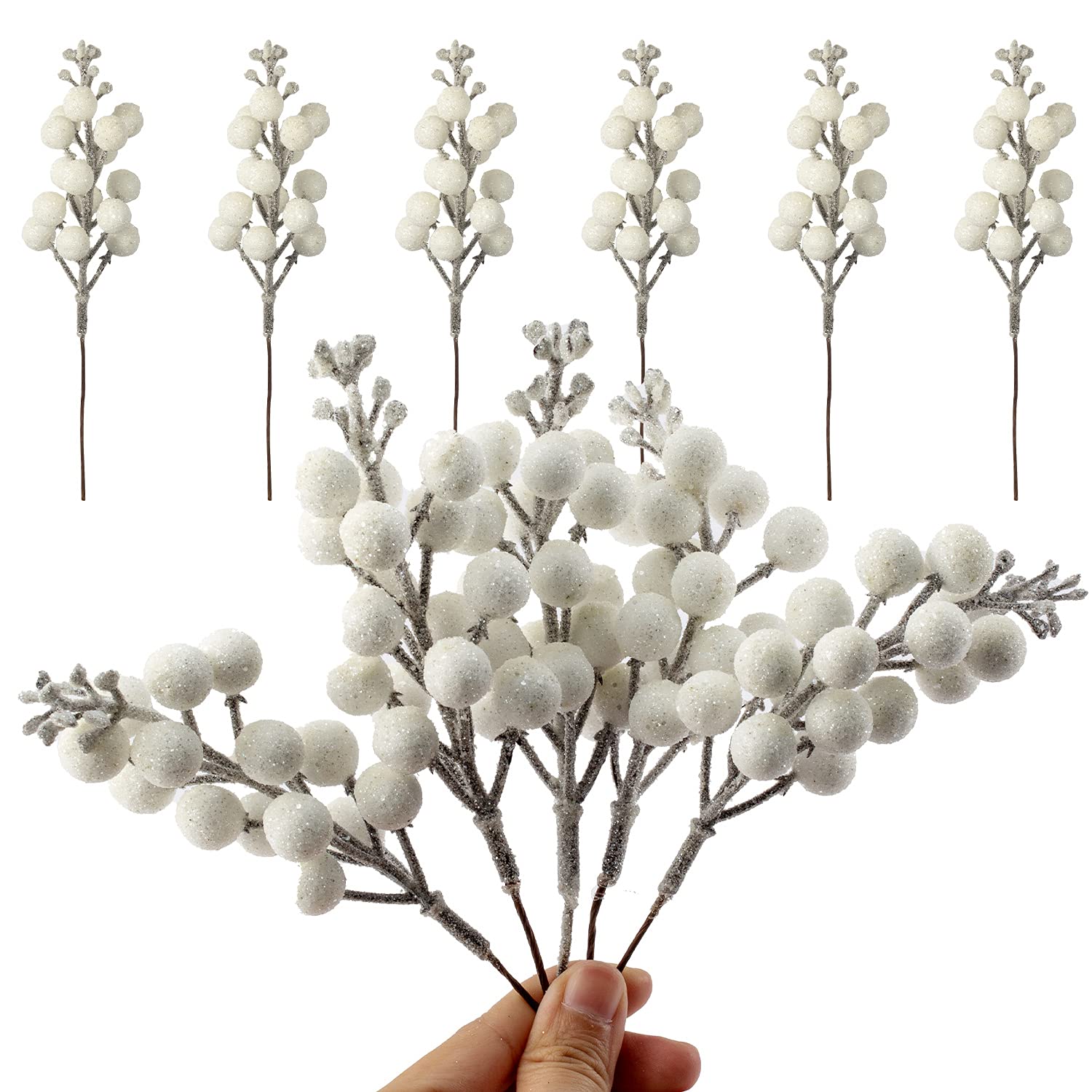 Crafare 24 Pack 7.5Inch Christmas Glitter Berries Stems Artificial Christmas Picks for Christmas Tree Ornaments  DIY Xmas Wreath  Crafts  Holiday and Home Decor  White