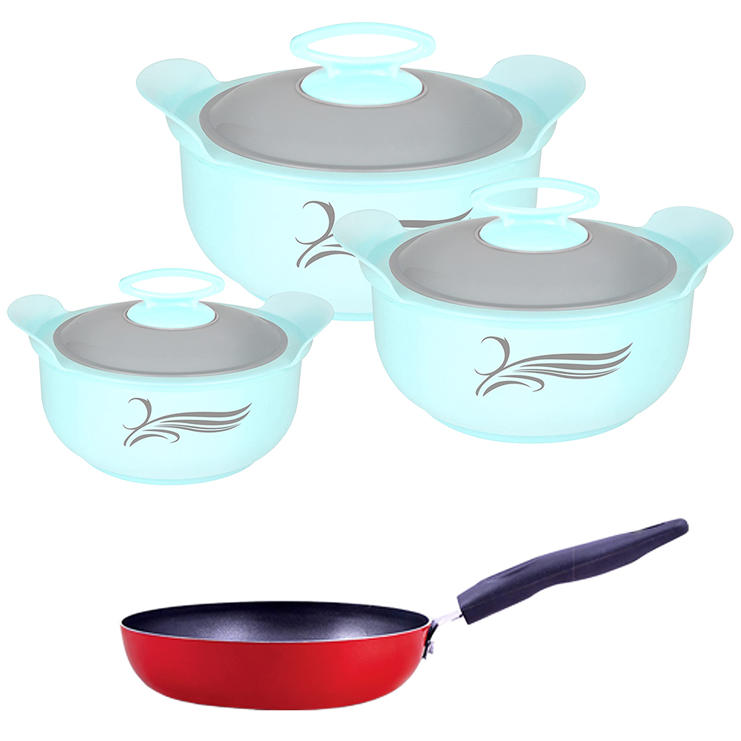 Nirlon Delight Inner Steel Casserole (800Ml, 1200Ml, 2000Ml) Blue With Non Stick Aluminium Tadka Pan 13Cm Combo Set