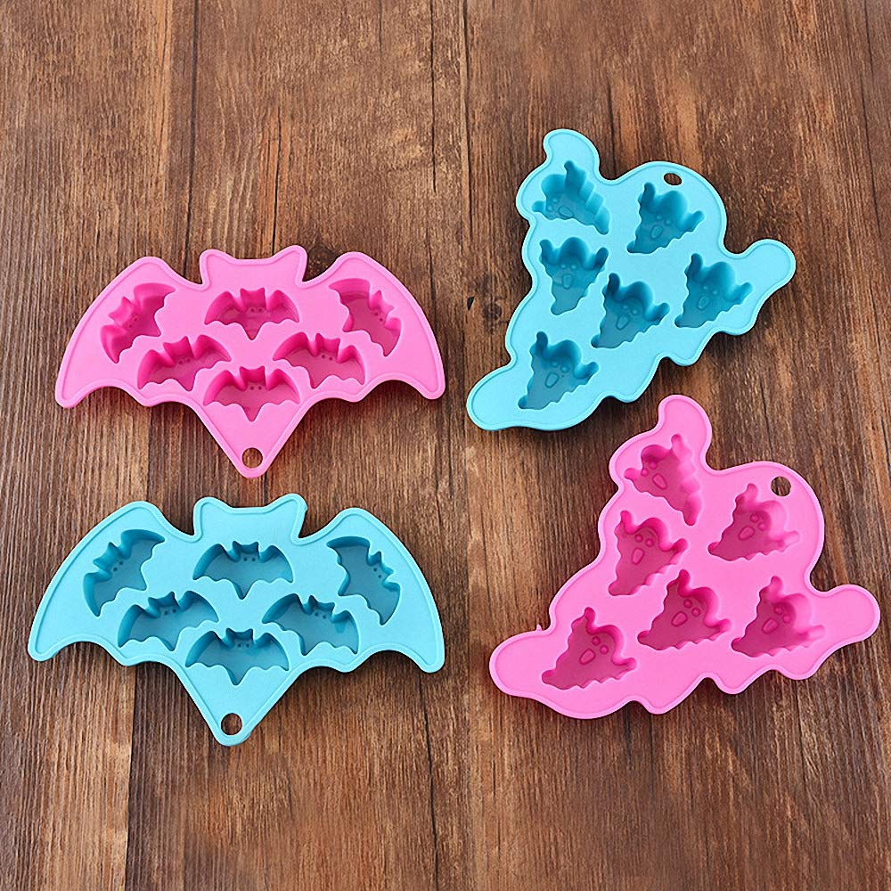 4Pcs/Set Halloween Chocolate Molds, Bat Skull Ghost Witch Silicone Mold For Candy Cake Baking Making Mini Soap Halloween Party F