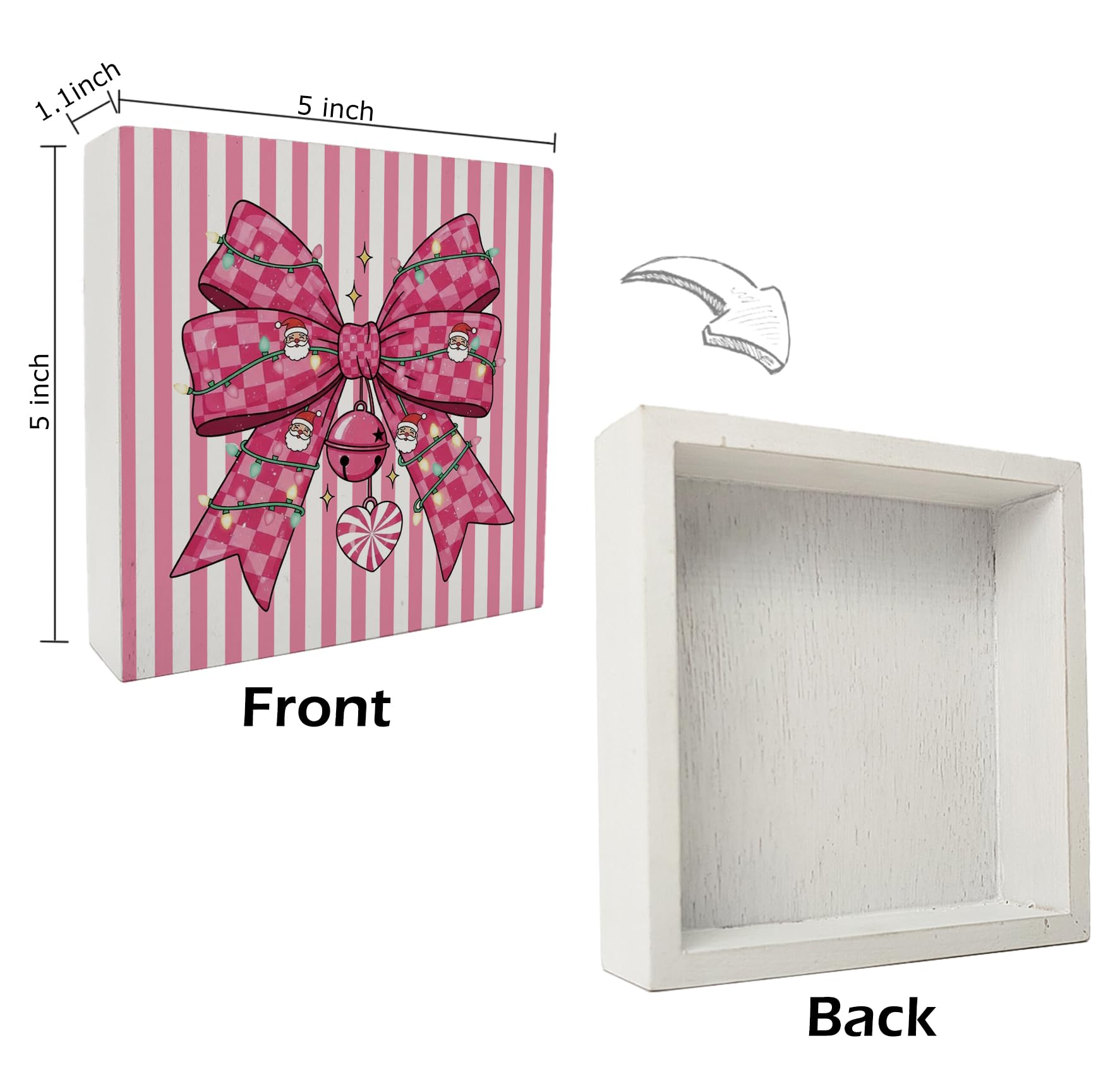 kunlisa Coquette Hot Pink Bow Christmas Wooden Sign, Preppy Christmas Decorations, Retro Girly Xmas Santa Checkered Bow Wood Box