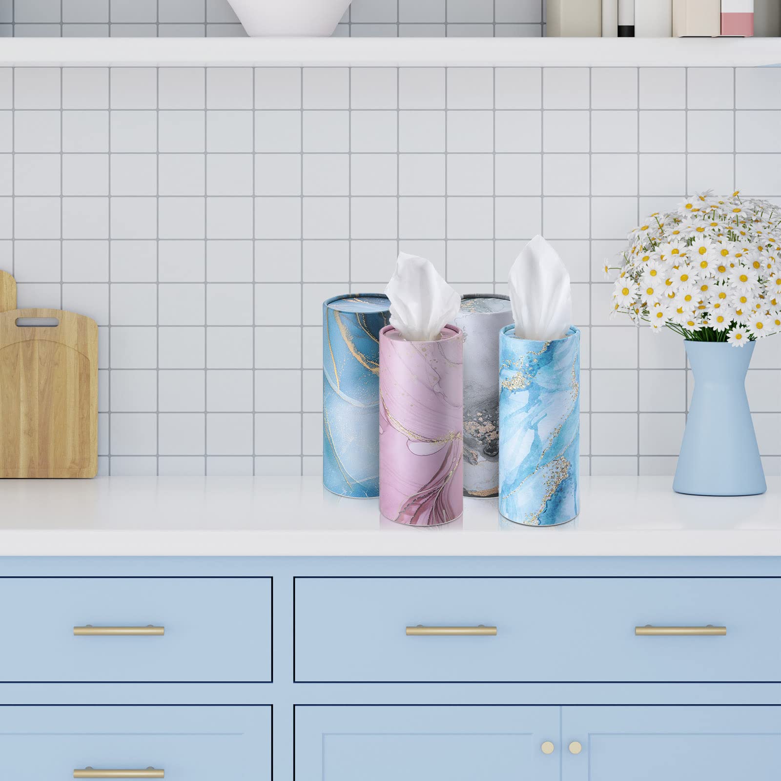 Outus 12 Pcs Car Tissues Boxes Marble Print Car Tissues Cylinder Round Car Tissue Holder With Facial Tissues For Car Napkins Tra