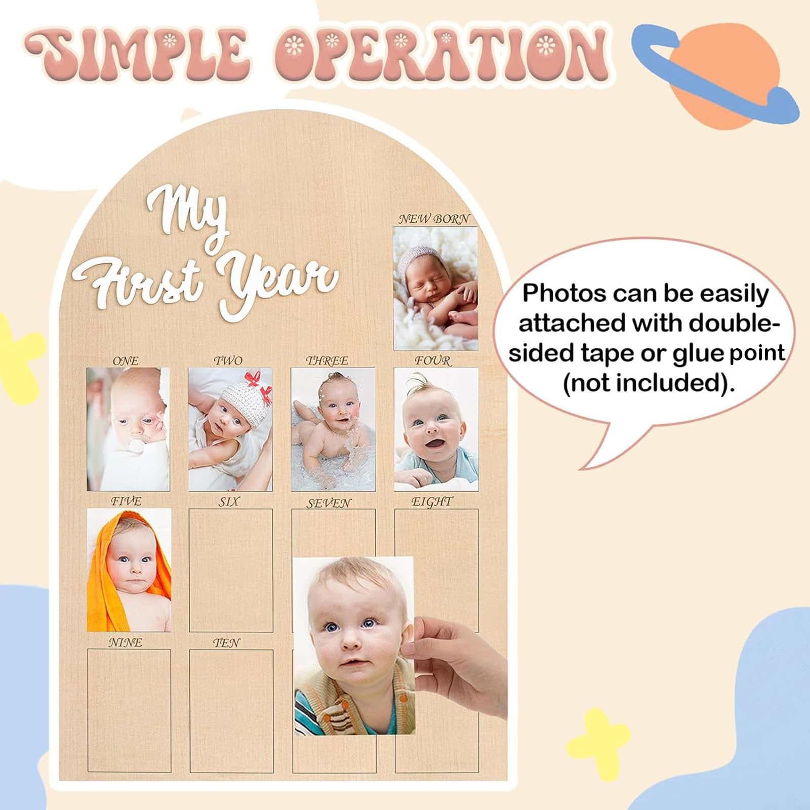 Kritkin My First Year Photo Board Baby Birthday Picture Frame 12 Monthly Wooden Photo Board 1st Birthday Decorations Baby Gift f