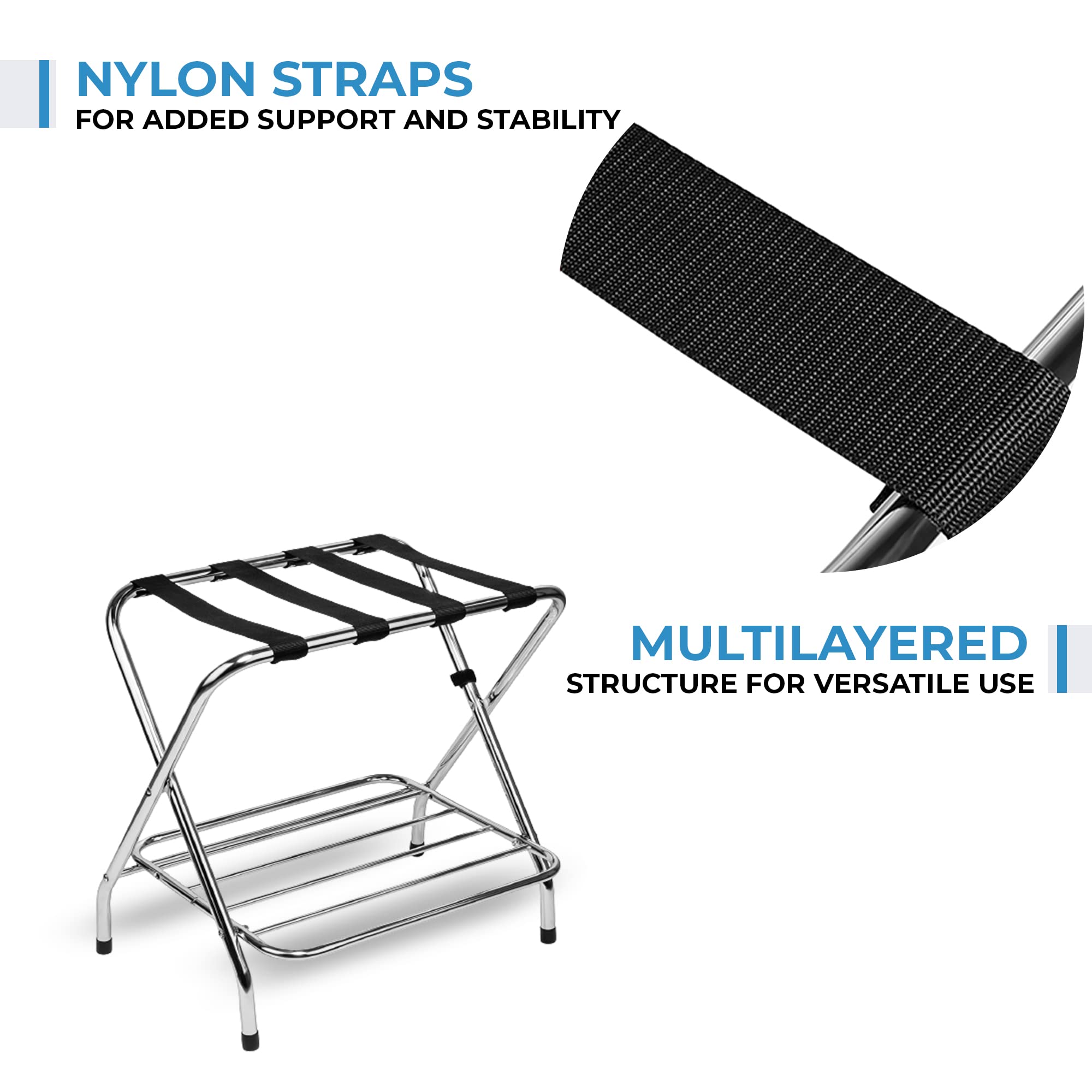 Ustech Luggage Rack, Foldable Suitcase Stand, Set Of 2, Metal Luggage Holders For Guest Room With Extra Shelf, Foldable Steel Fr