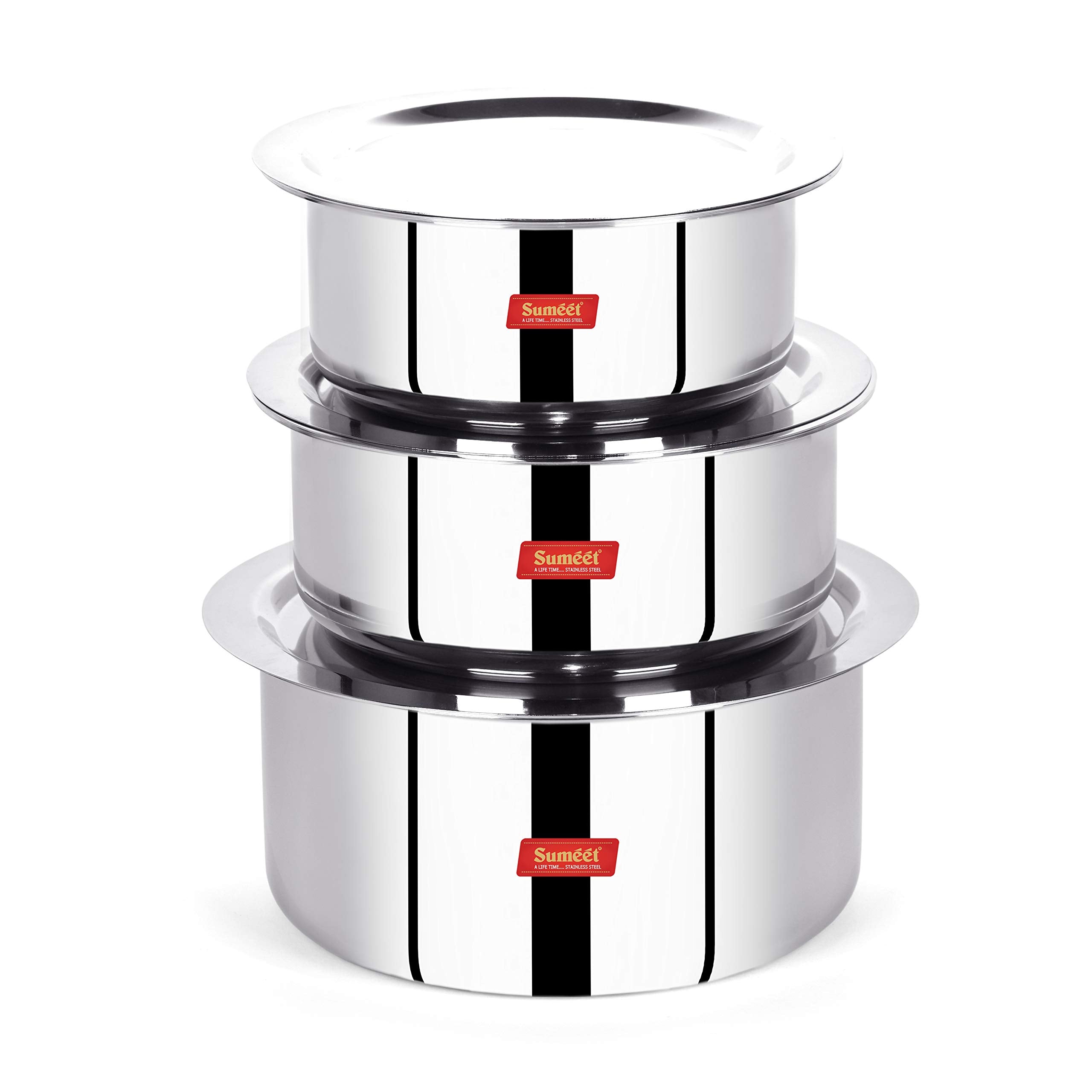 Sumeet Cook Smart Triply Stainless Steel-Aluminium-Steel - 3 Layers Tope Set Of 3Pcs With Lid - No. 14 (1.1 LTR  14Cm)  No. 16 (1.6Ltr  16Cm)  No.18 (2Ltr  18Cm)  2 Liter