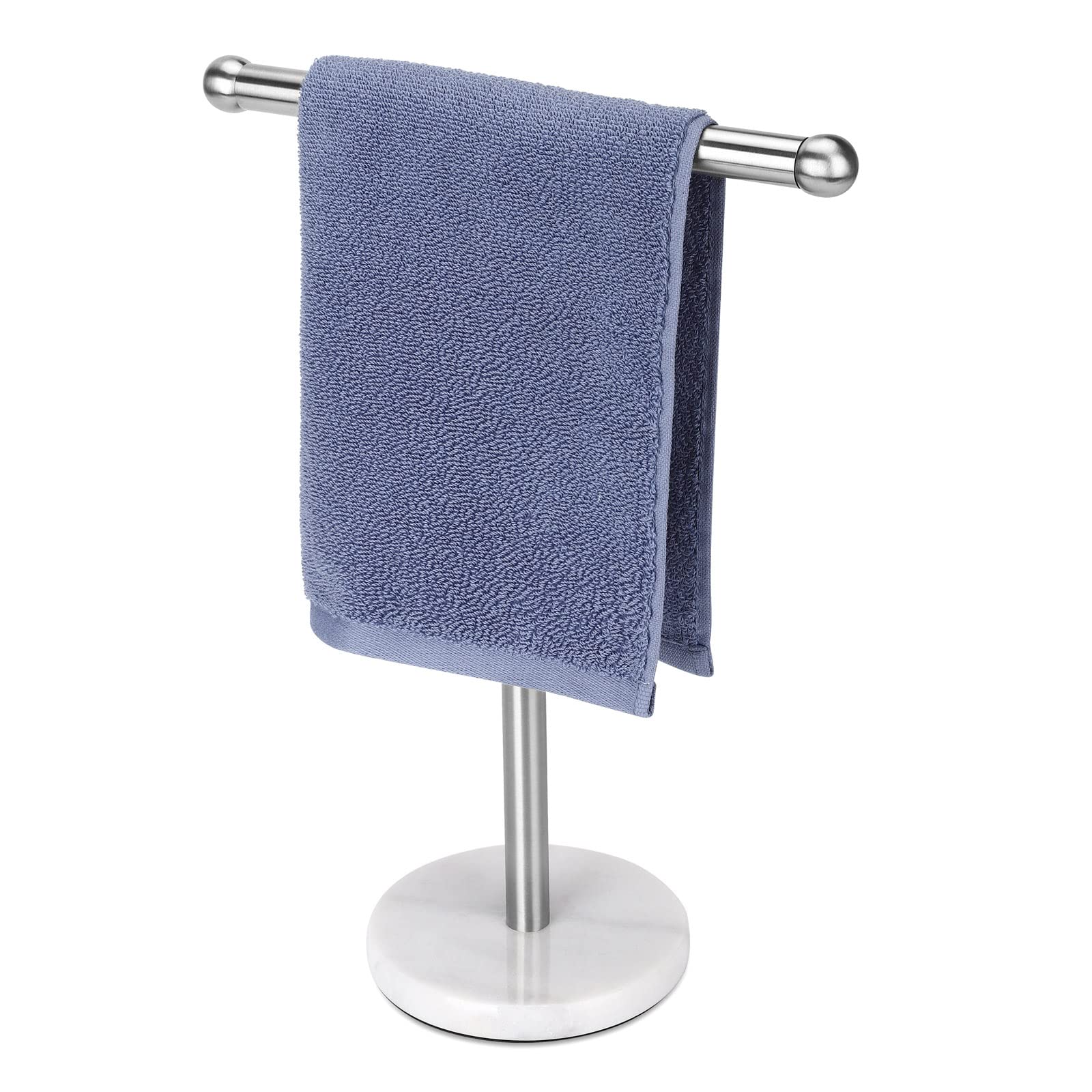 Hand Towel Holder Stand With Heavy Marble Base, T-Shape Towel Rack, Free-Standing For Bathroom Vanity Countertop, 304 Stainless
