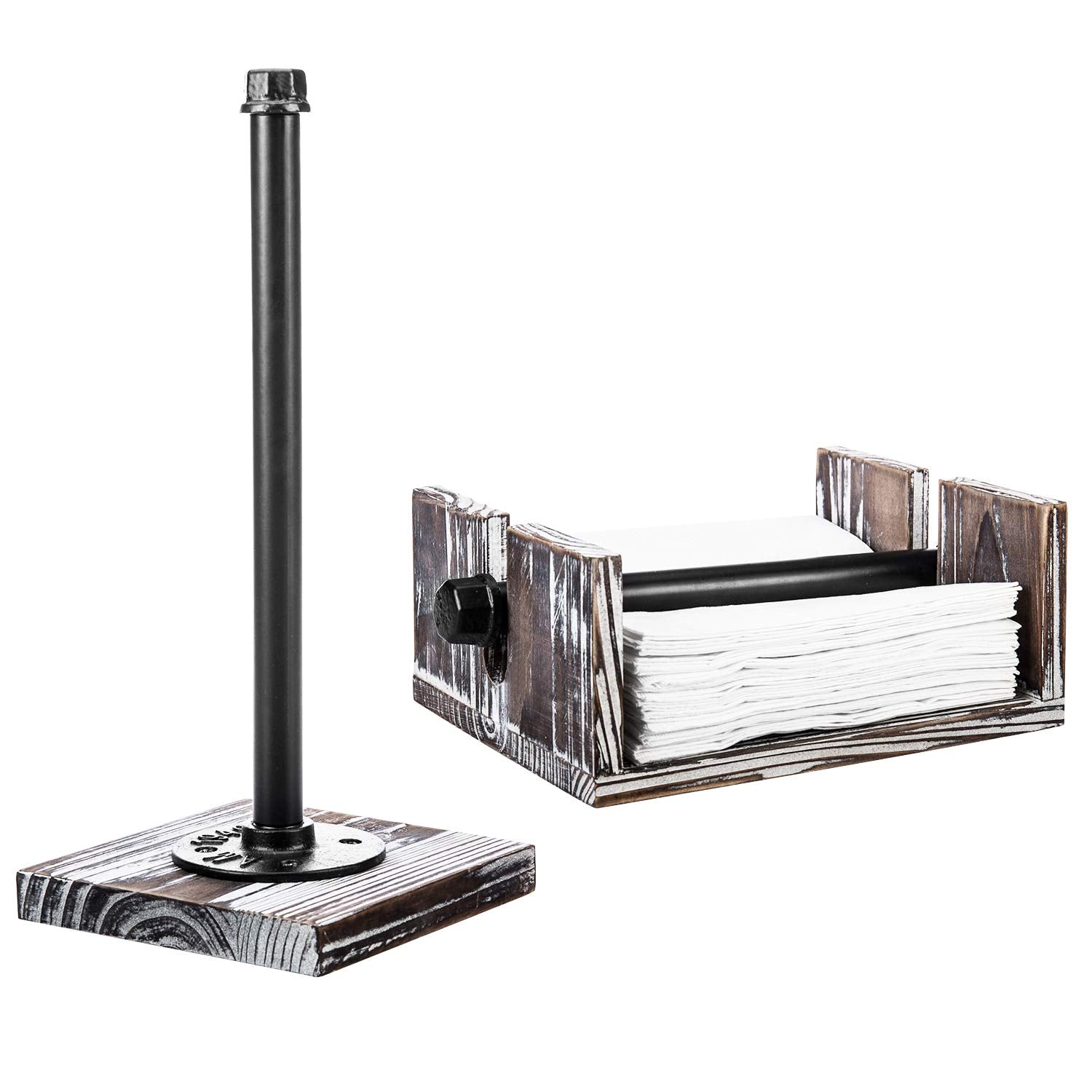 Mygift Torched Wood And Industrial Metal Paper Towel And Napkin Holder Set, Countertop Paper Towel Holder And Flat Napkin Holder
