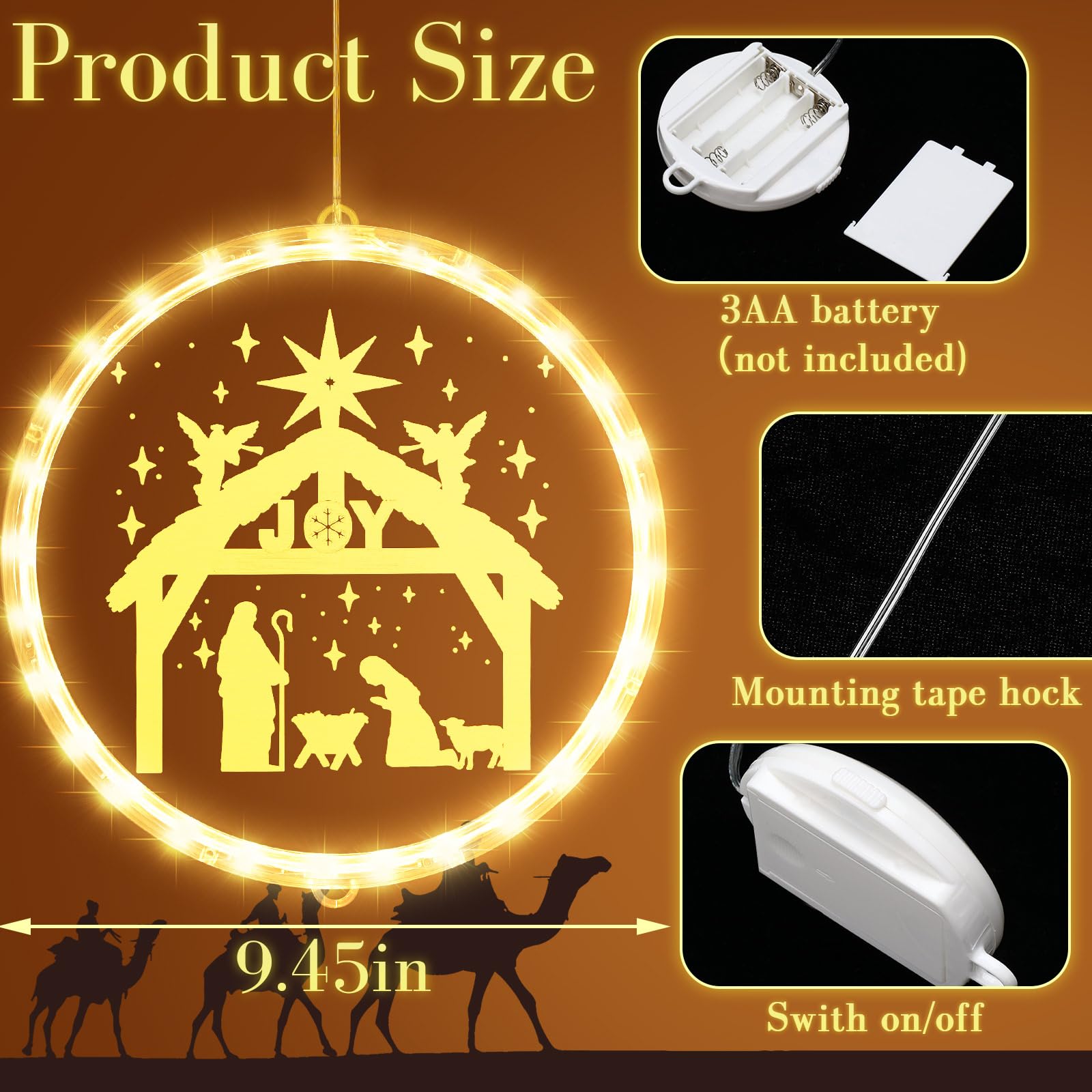 ROCEEI 9.45 Inch Christmas Decorative Window Lights Nativity Scene Hanging Xmas Lights up Sign Indoor/Outdoor Nativity Window Ho