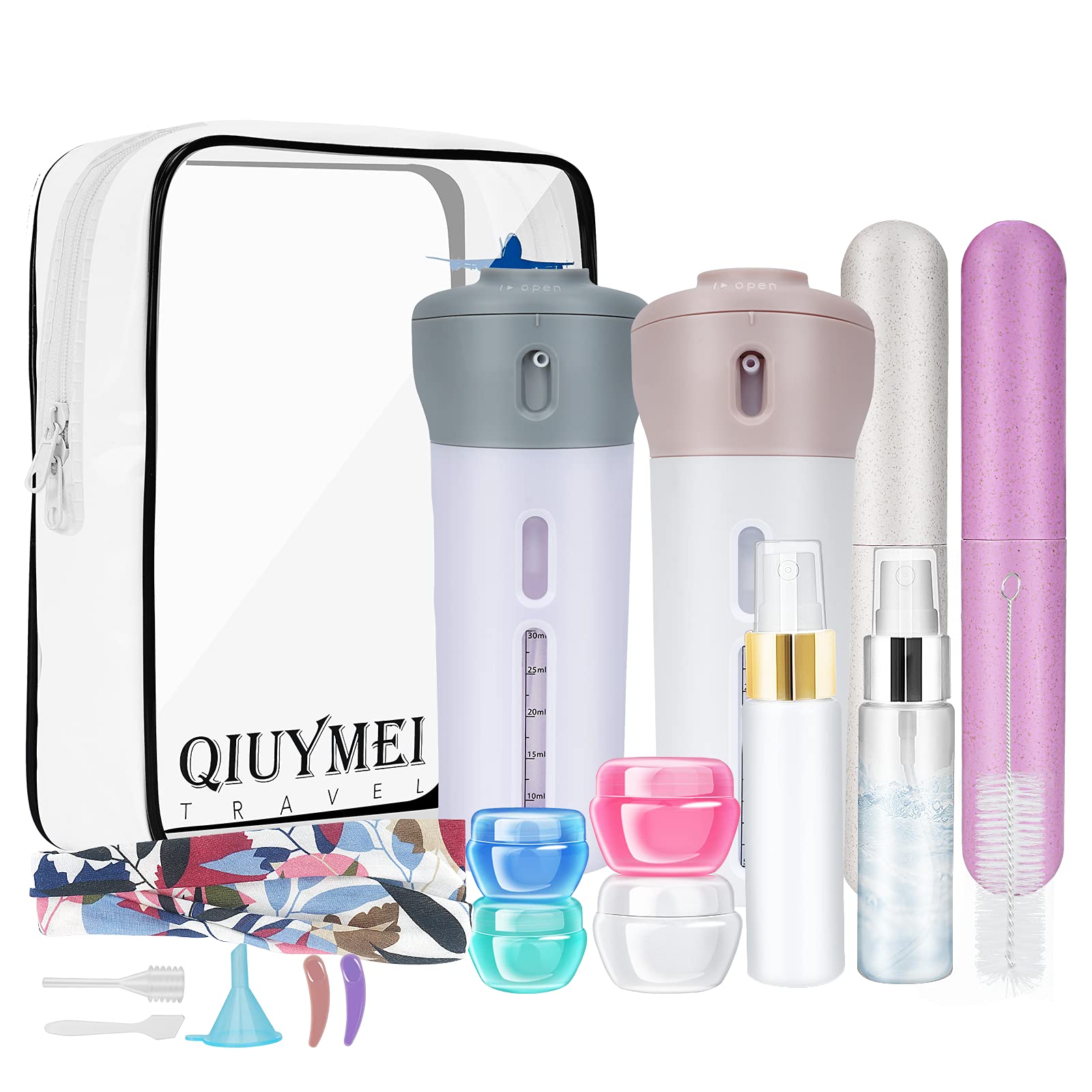 Qiuymei 19 Pack Travel Bottles Set, Leak Proof Travel Accessories, Refillable Travel Size Toiletries Containers For Shampoo,Sani