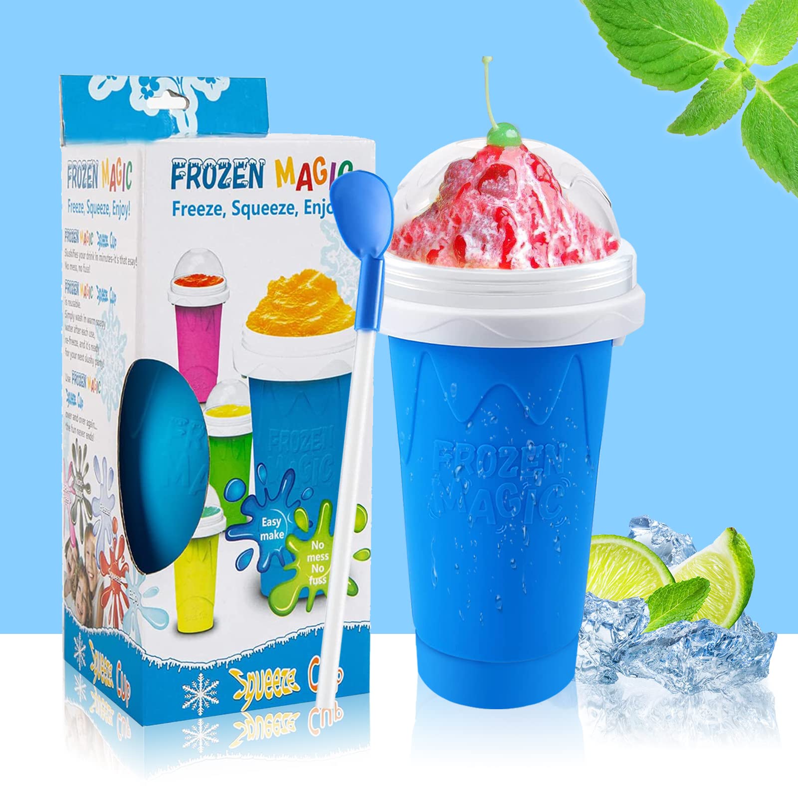 Qwayhome 2Pc Slushie Maker Cup,Diy Frozen Magic Slushy Cup,Double Layers Silica Smoothie Pinch Ice Cup,Quick Cooling Cup Homemad