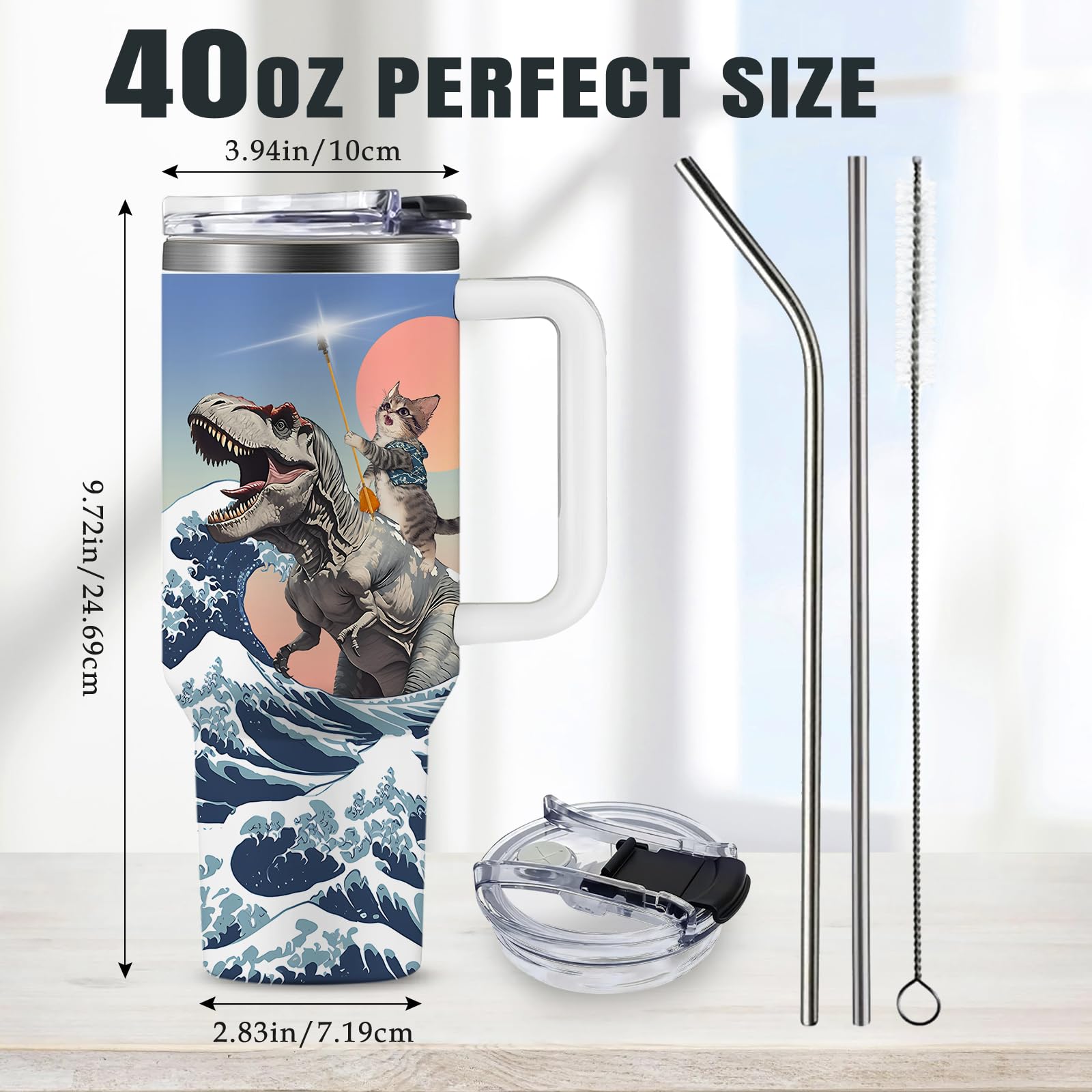 HYMONA Funny Cat Coffee Mugs Fighting Cat Riding Dinosaur Dino Cups for Boys 40oz Cats T-Rex Travel Coffee Tumbler with Handle a