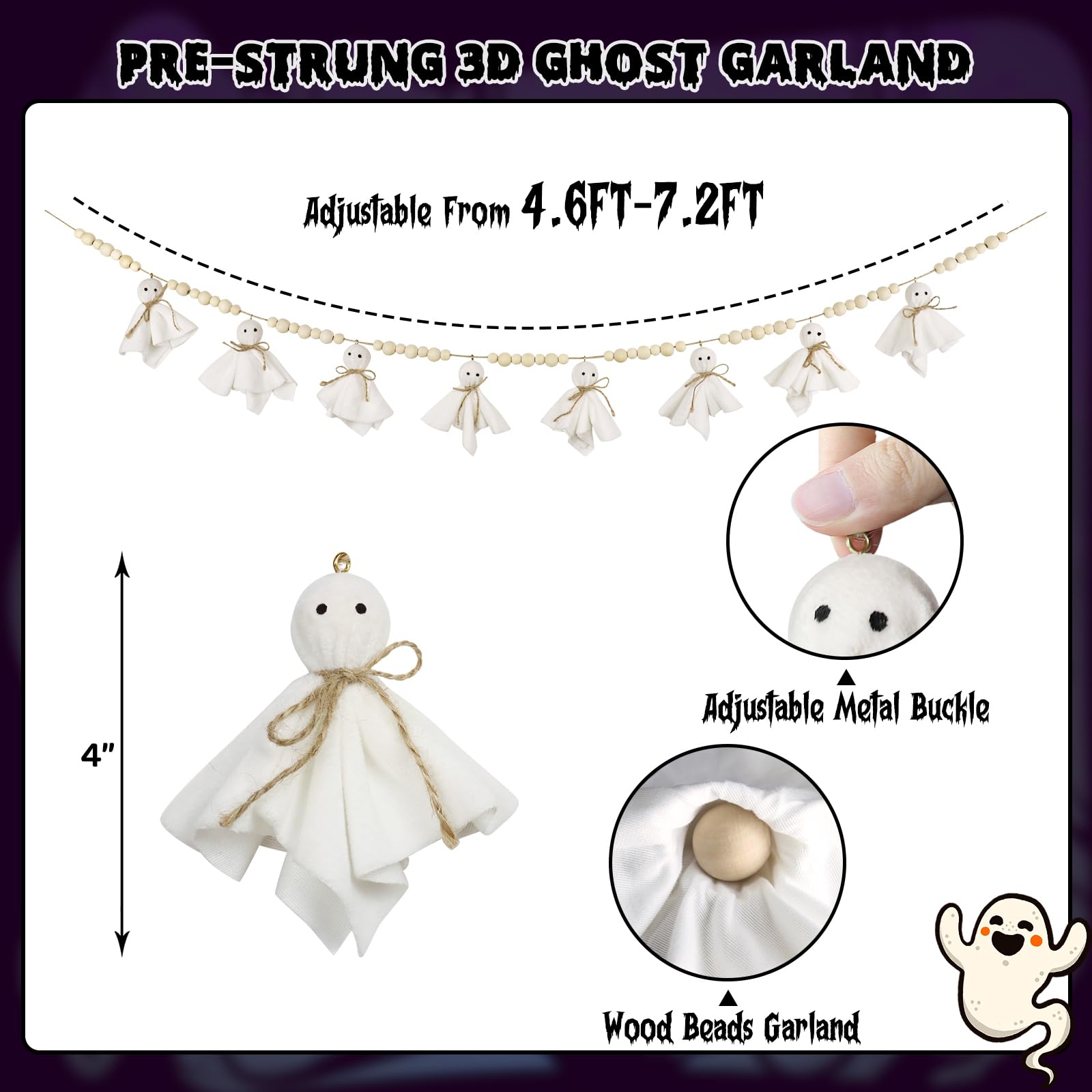 7.2 FT Halloween Garland Ghost Decorations, Adjustable Hanging Cute Ghost Garland Mantel Decor, Handmade Wooden Beads Halloween
