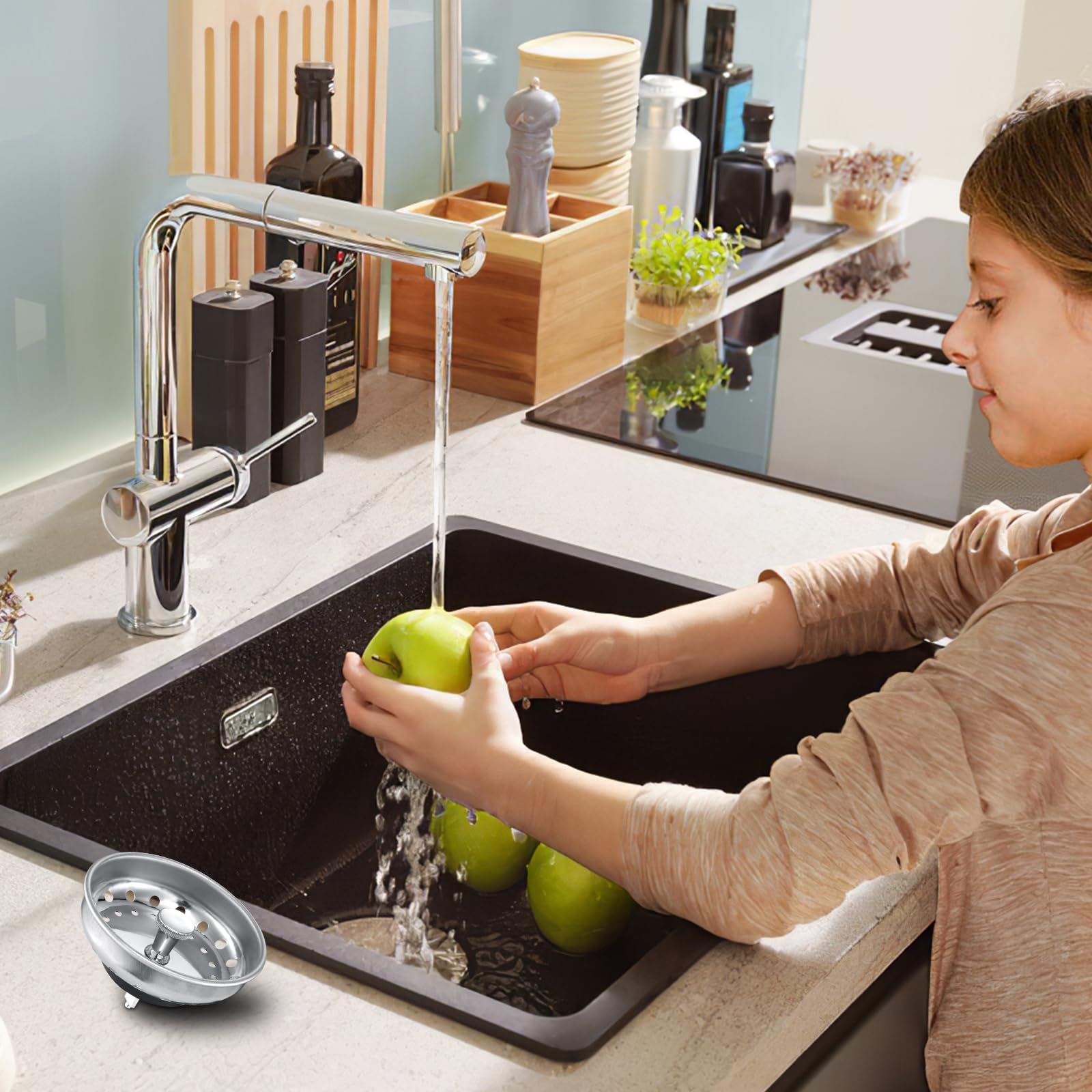 Adkadi 2 Pack Kitchen Sink Strainer And Stopper Combo - Stainless Steel Basket With Plastic Knob And Rubber Stopper Bottom, Fits