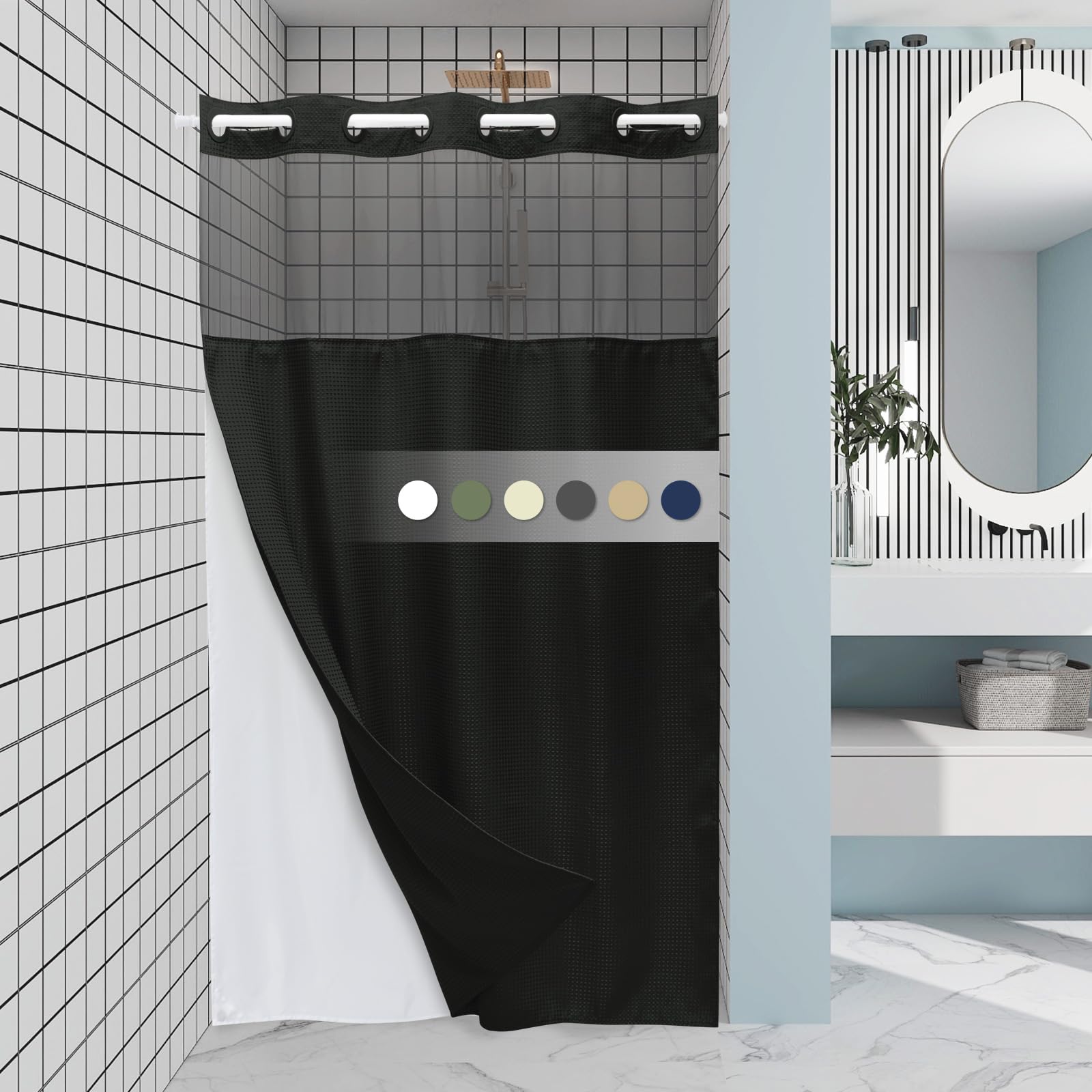 Eutxl Black Stall Shower Curtain With Liner - 230Gsm Waffle Textured Heavy Duty Shower Curtains For Bathroom,54W X 80H