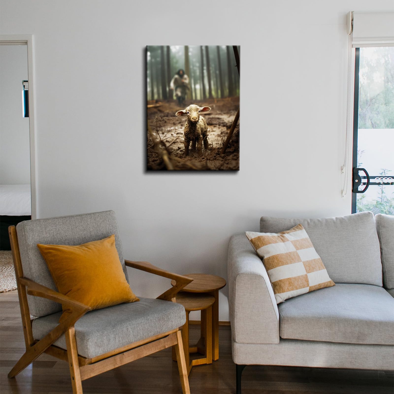 Yonica Christian Wall Art Jesus Chasing Lost Lamb Canvas Print Inspirational Wall Decor 12X16 Inch Home Decor